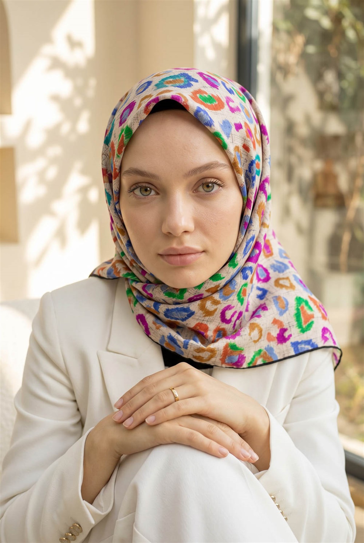 %100 Twill İpek Renkli Leopari Desenli Turuncu - Saks Renkli 90x90 Eşarp Kenar Dikiş Şekli El Dikişli