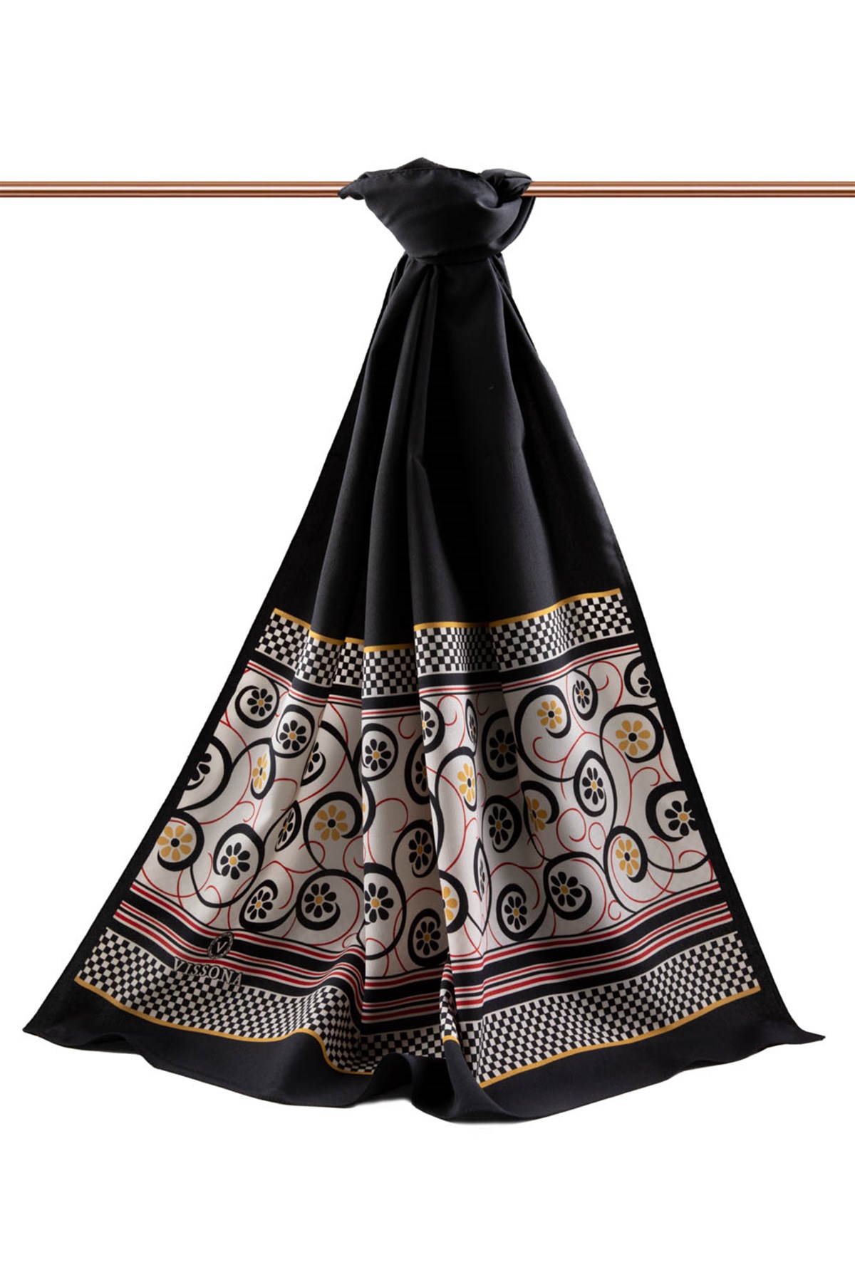 KREP KENAR MOTİFİ ÇİÇEK DESENLİ SİYAH RENKLİ 75X195 KIRIŞMAZ ŞAL