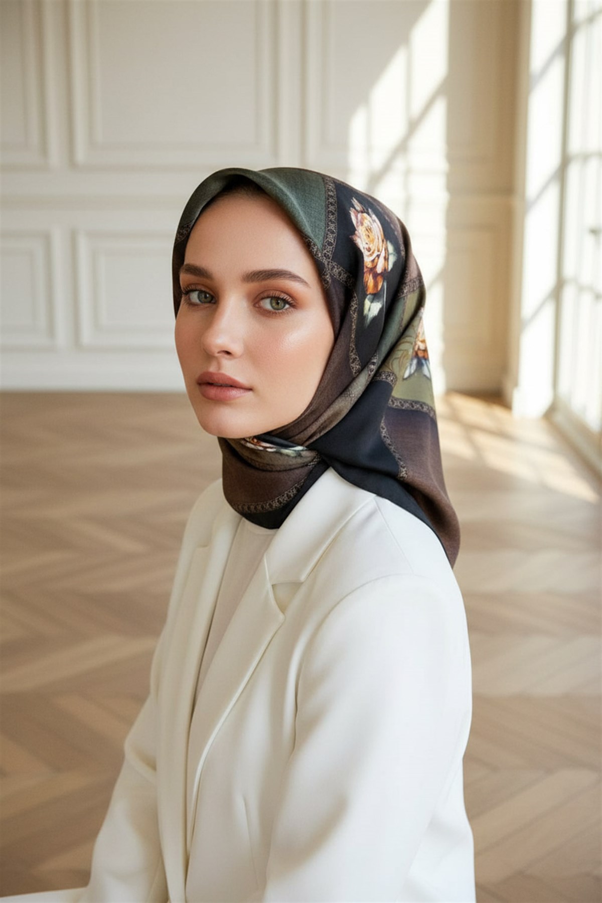 %100 Twill İpek Dokulu Çiçekli Ve Geometrik Desenli Zümrüt Yeşili - Haki Renkli 90x90 Eşarp Dikim Şekli : El Dikişi