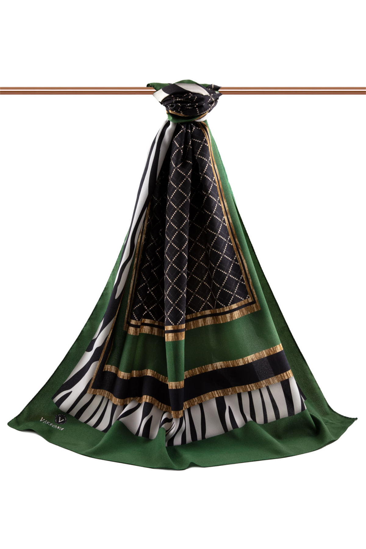 LÜKS MEDİNE ZEBRALI BAKLAVA DESENLİ ZÜMRÜT YEŞİLİ RENKLİ 75X195 KIRIŞMAZ ŞAL MOSS KREP DİKİŞ TİPİ İTALYAN DİKİŞLİ