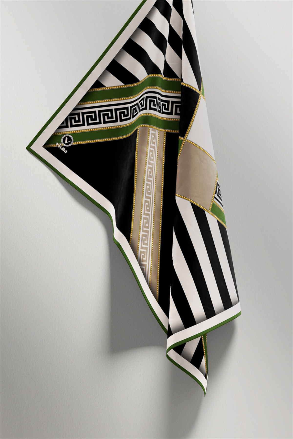 Twill Çizgili Geometrik Desenli Zümrüt Yeşili Renkli 90x90 Eşarp (İpek İçermez) Kenar Dikiş Şekli El Dikişli