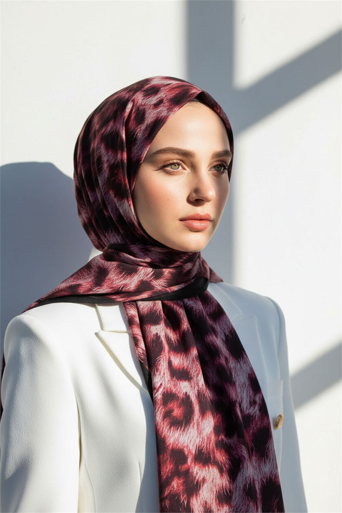 KREP LEOPAR DESENLİ BORDO - SİYAH RENKLİ 75X195 KIRIŞMAZ ŞAL