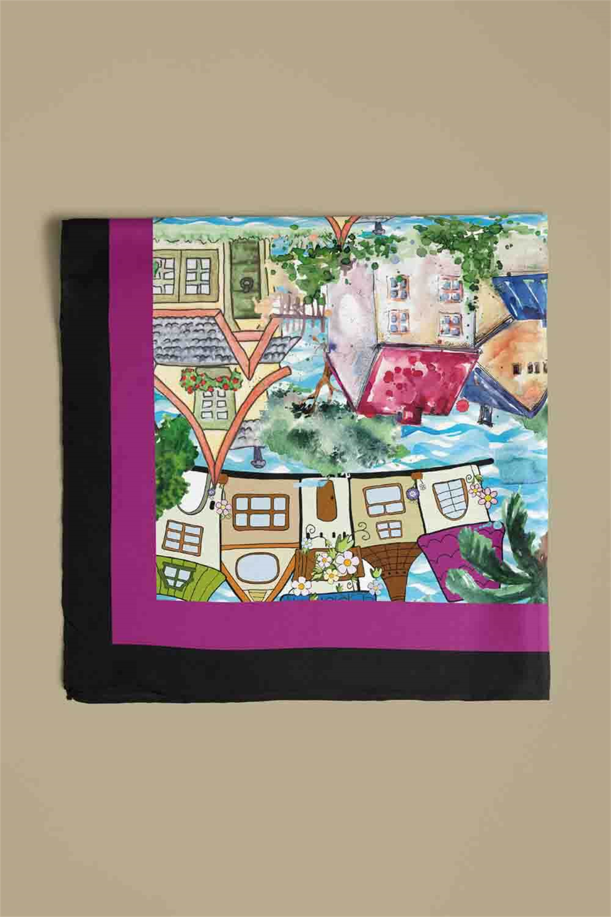 D61 Kadın Mor Açık Mavi Casa Desenli 50x50 Bandana HYL DG01150-22