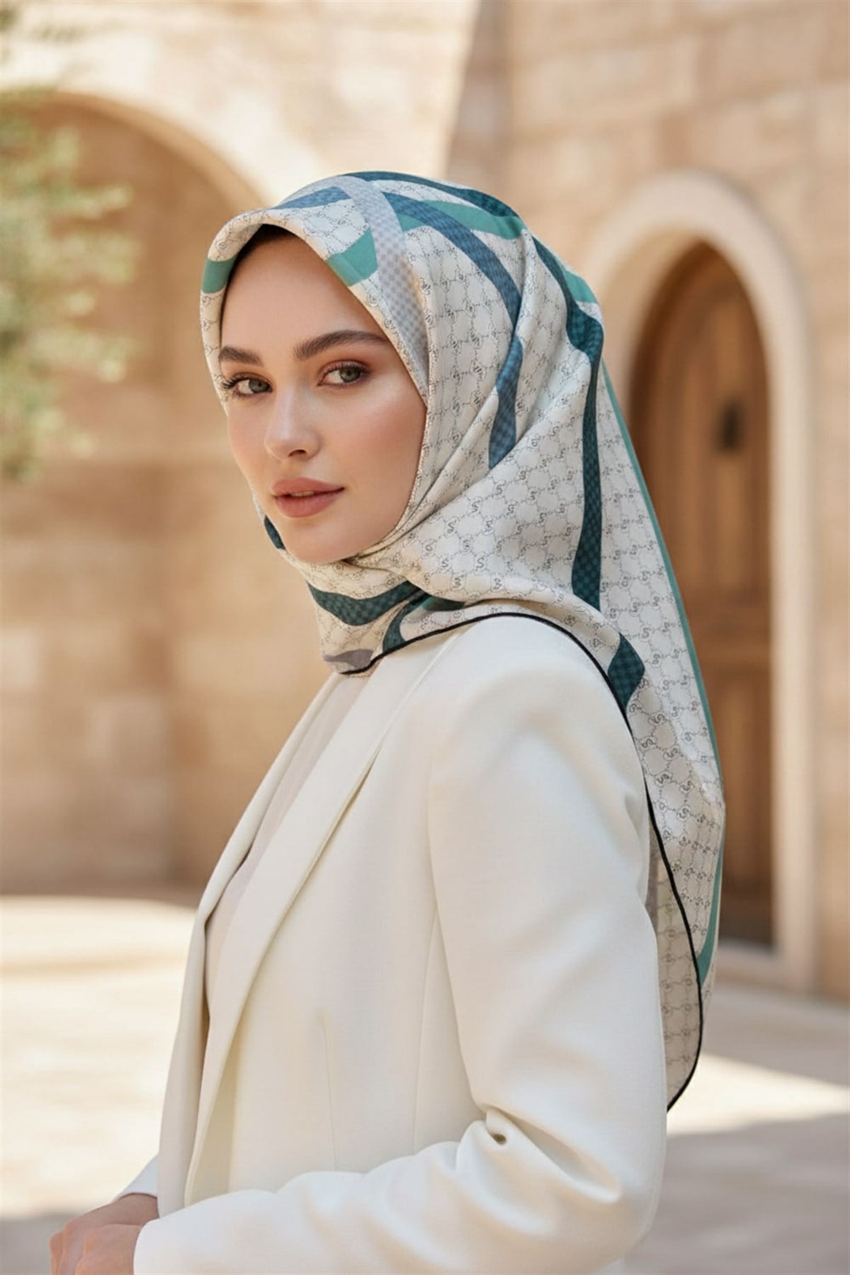 %100 Twill İpek Monogram Ve Şerit Desenli Gri - Koyu Mint Yeşili Renkli 90x90 Eşarp Dikim Şekli : El Dikişi
