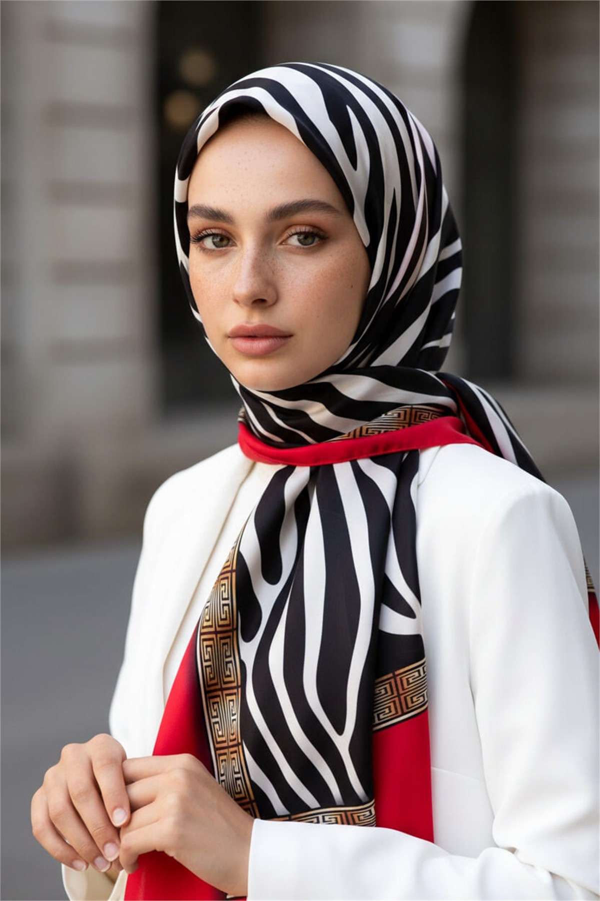%100 Saf İpek Şal İnce Saten Vual Dokuma Zebra Desenli 90x210 Şal