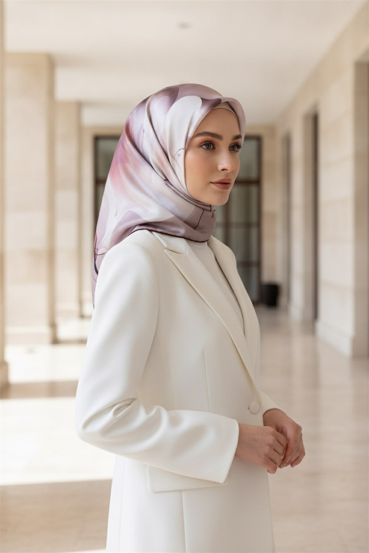%100 Twill İpek Büyük Çiçek Desenli Pudra - Gül Kurusu Renkli 90x90 Eşarp Dikim Şekli : El Dikişi
