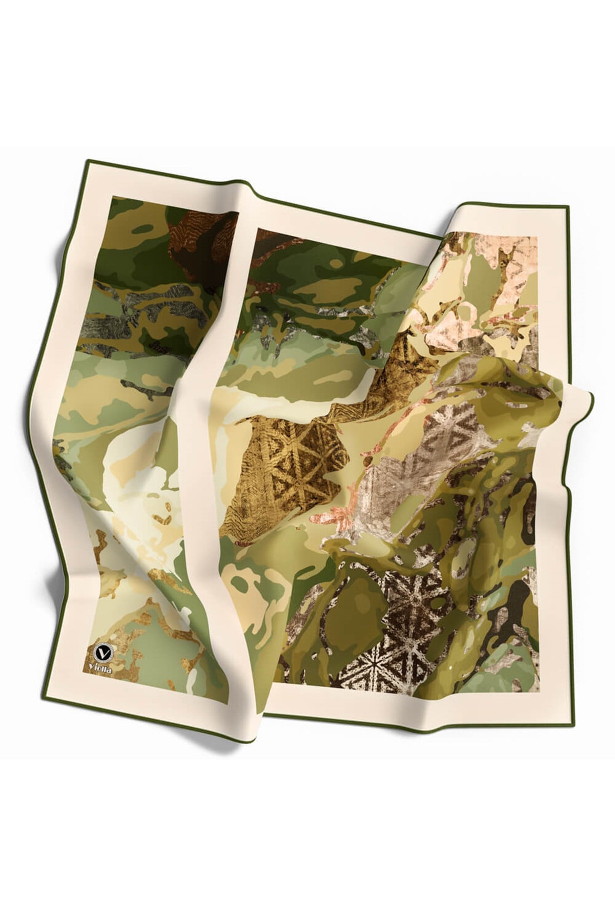 Twill Etnik ve Batik Desenli Haki Renkli 90x90 Eşarp (İpek İçermez) Dikim Şekli : El Dikişi