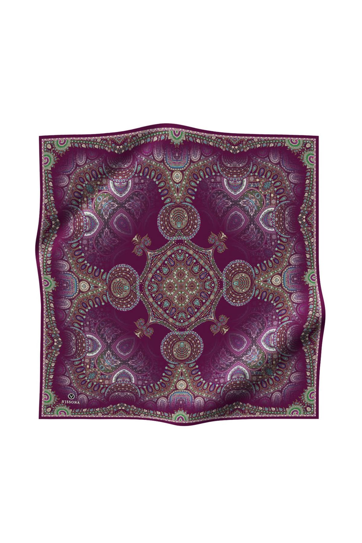 %100 Twill İpek Şal Desenli Mürdüm Renkli 90x90 Eşarp Dikim Şekli : El Dikişi