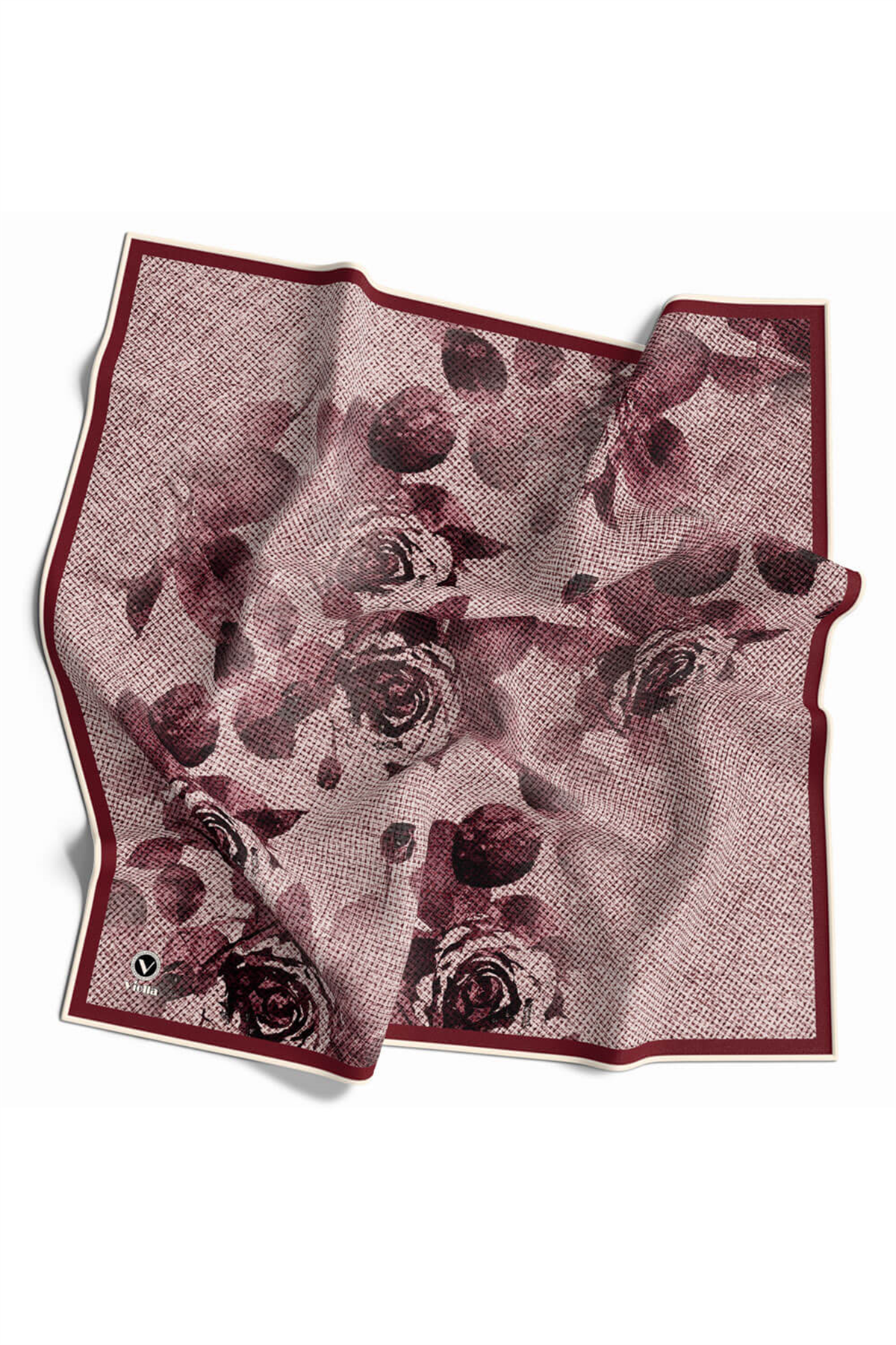 Twill Gül Desenli Pembe Renkli 90x90 Eşarp (İpek İçermez) Kenar Dikiş Şekli El Dikişli