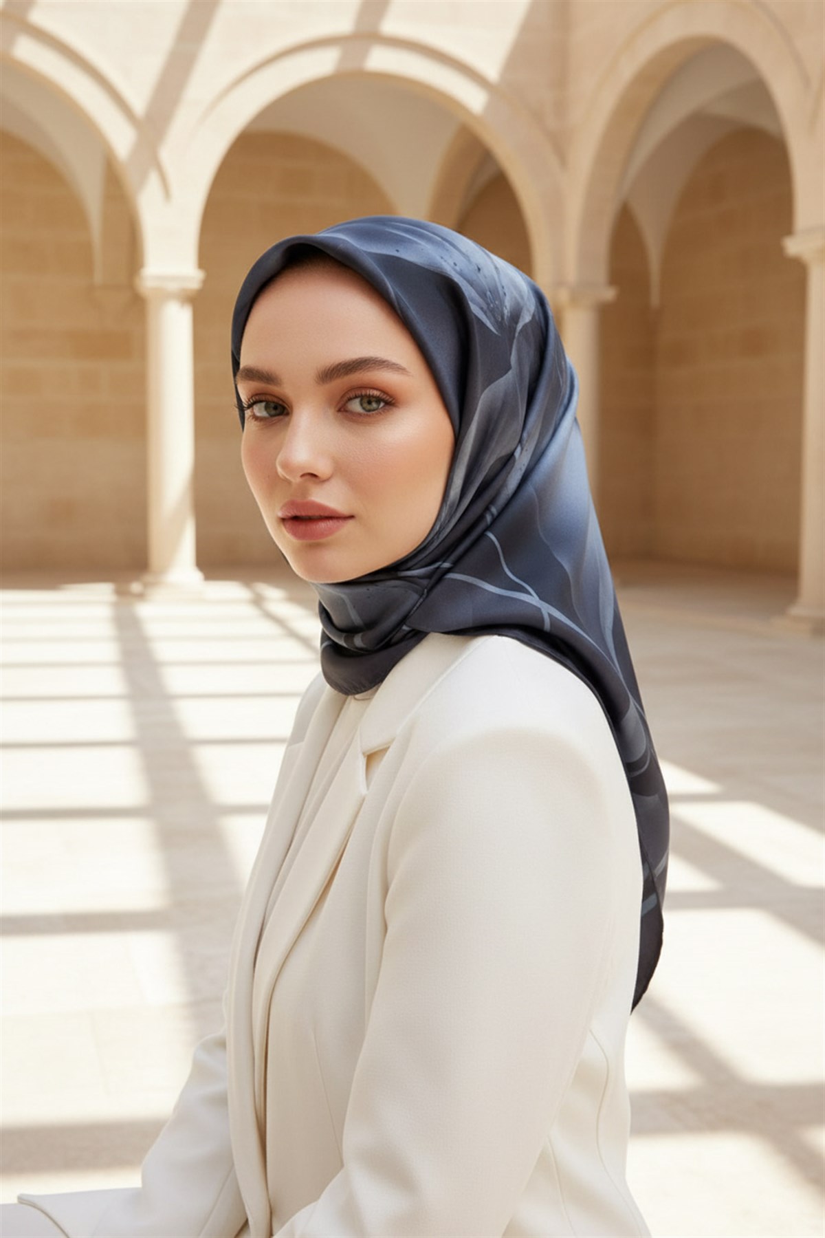 %100 Twill İpek Çiçek Desenli İndigo Renkli 90x90 Eşarp Dikim Şekli : El Dikişi