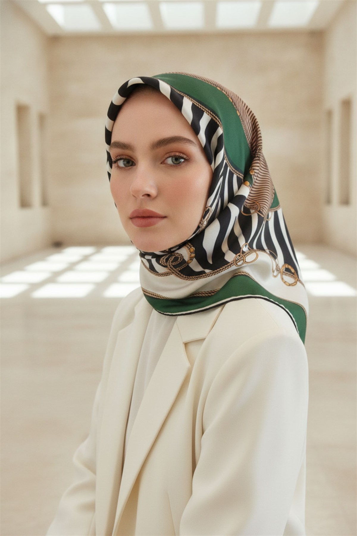 %100 Twill İpek Zincirli Ve Zebra Desenli Zümrüt Yeşili - Vizon Renkli 90x90 Eşarp Dikim Şekli : El Dikişi