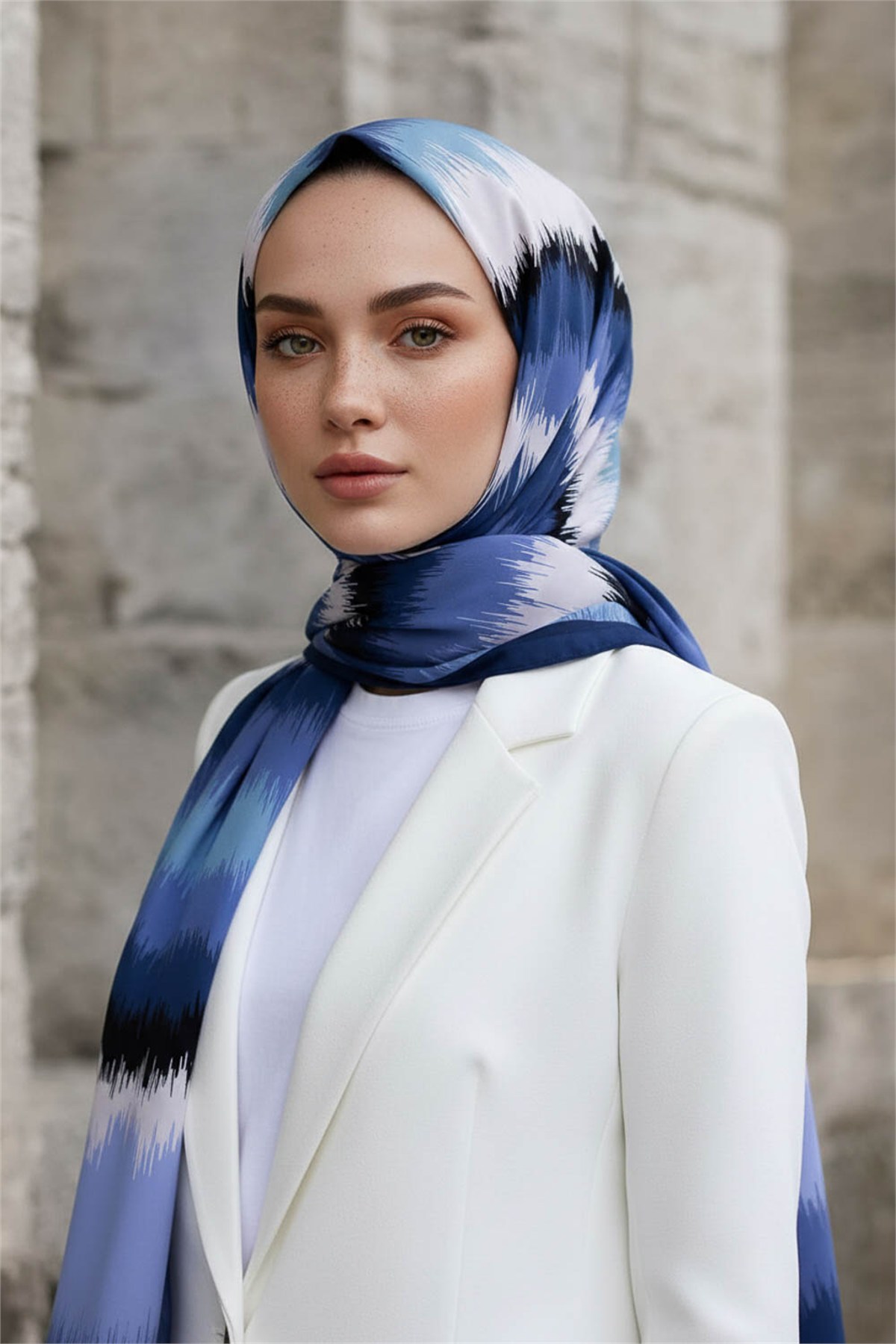 KREP FREKANS DESENLİ İNDİGO RENKLİ 75X195 KIRIŞMAZ ŞAL