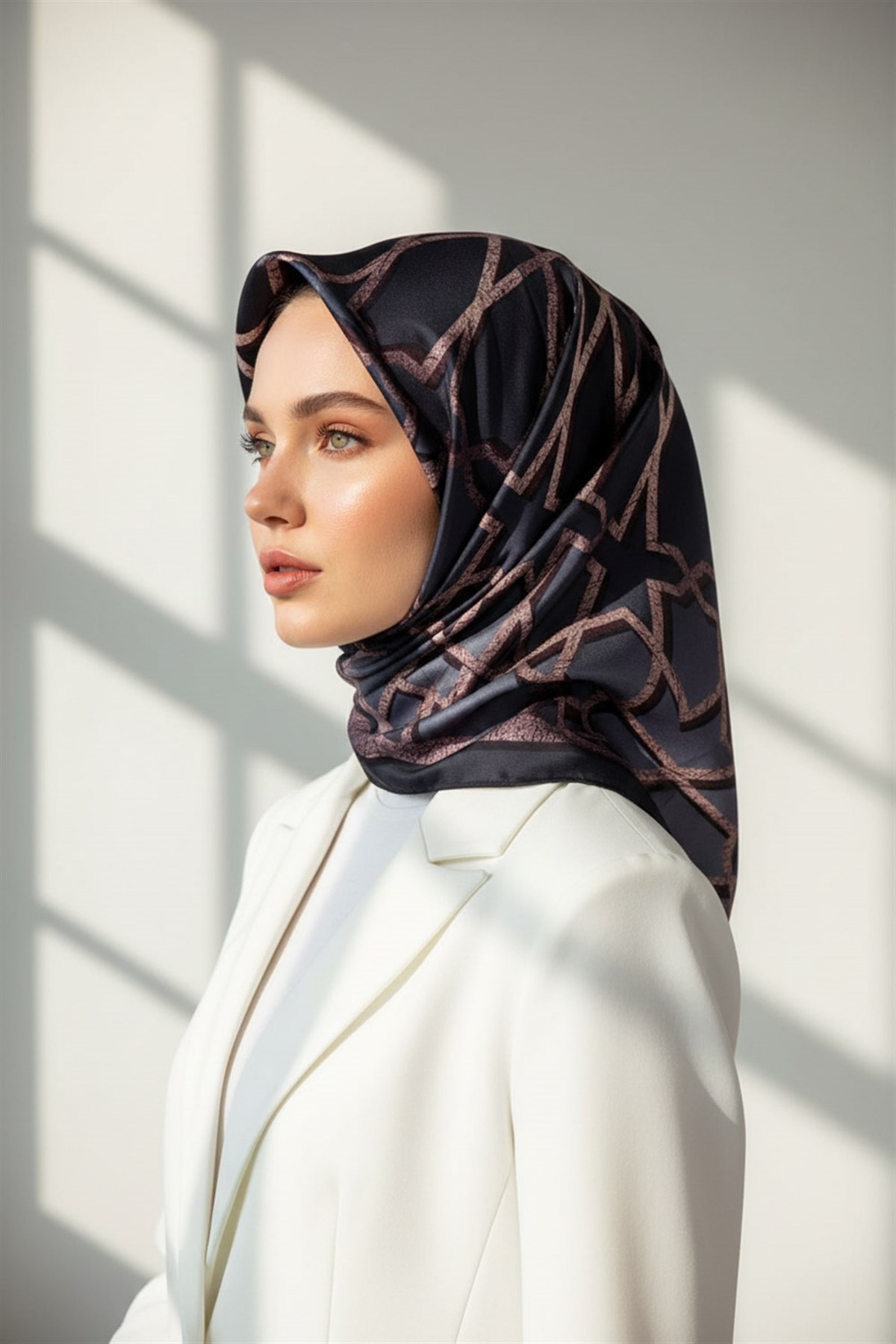%100 Twill Türk Motifi  Desenli Gri Renkli 90x90 Eşarp Dikim Şekli: El Dikişi