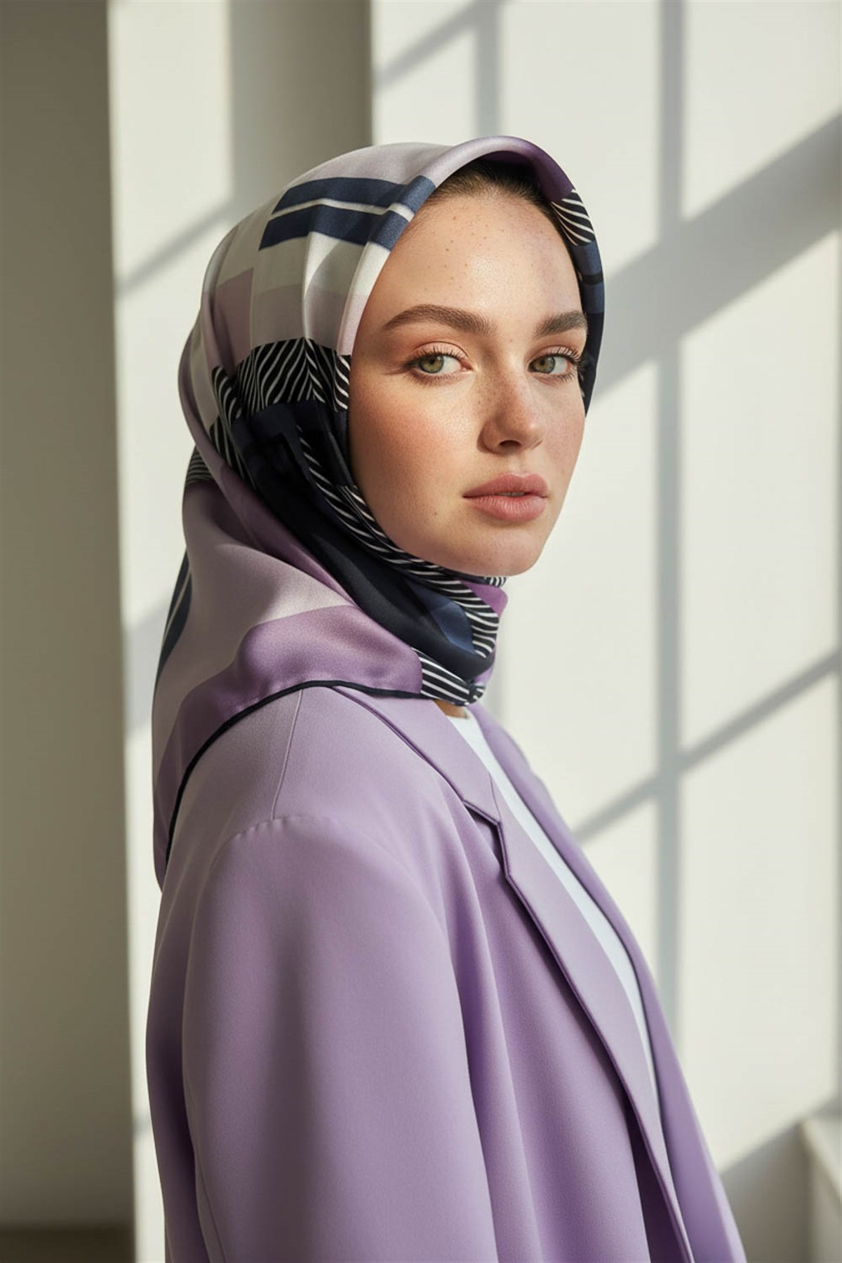 %100 Twill İpek Zebra Desenli Lila - Lacivert Renkli 90x90 Eşarp Dikim Şekli : El Dikişi