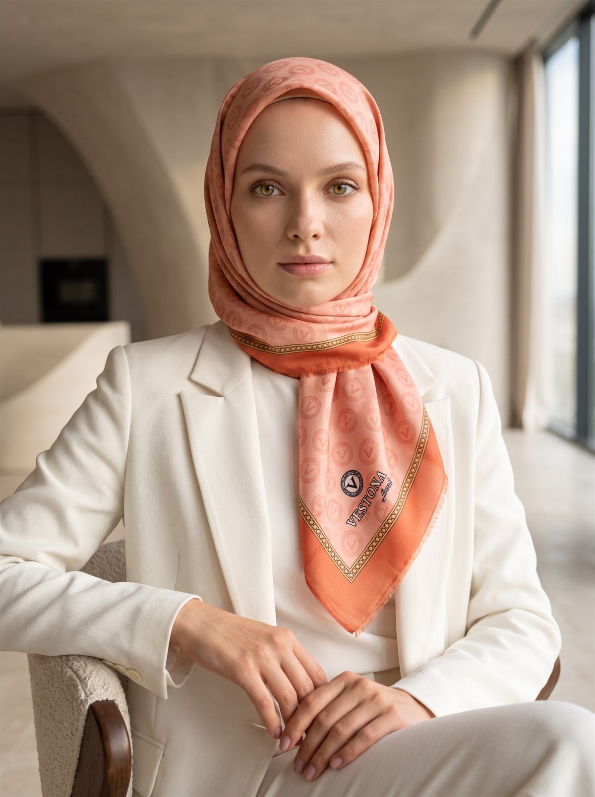 %100 Saf İpek Şal İnce Saten Vual Dokuma Degradeli Ve Monogram Desenli Taba - Gold Renkli 90x210 Şal
