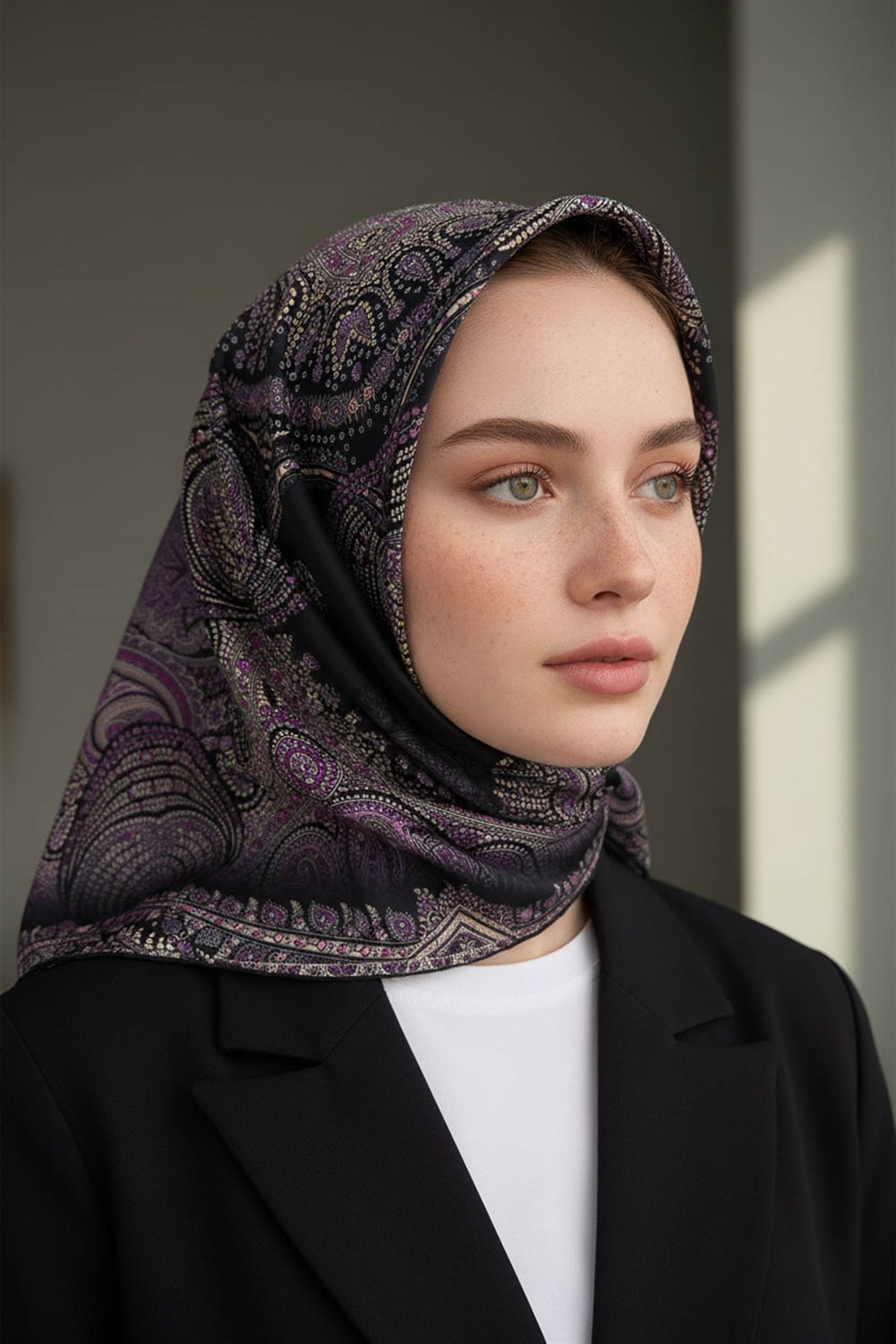 %100 Twill İpek Şal Desenli Siyah Renkli 90x90 Eşarp Dikim Şekli : El Dikişi
