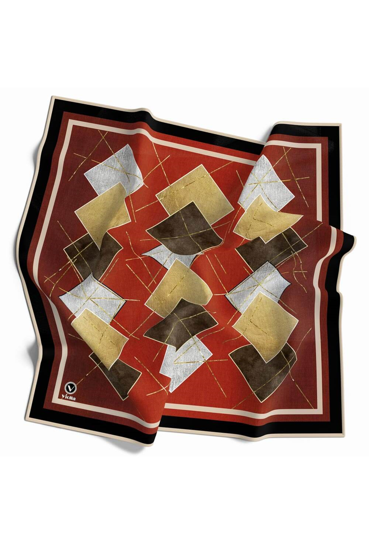 Twill Geometrik Desenli Taba Renkli 90x90 Eşarp (İpek İçermez) Kenar Dikiş Şekli El Dikişli