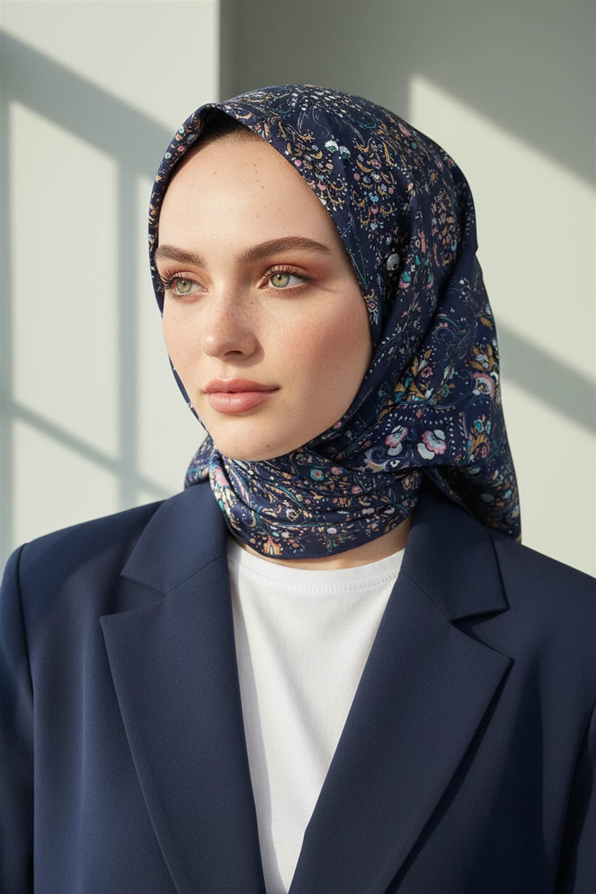%100 Twill İpek Şal Desenli Lacivert - İndigo Renkli 90x90 Eşarp Dikim Şekli : El Dikişi
