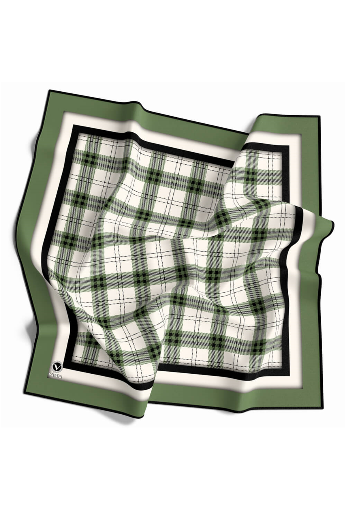 Twill Ekose Desenli Mint Yeşili Renkli 90x90 Eşarp (İpek İçermez) Kenar Dikiş Şekli El Dikişli