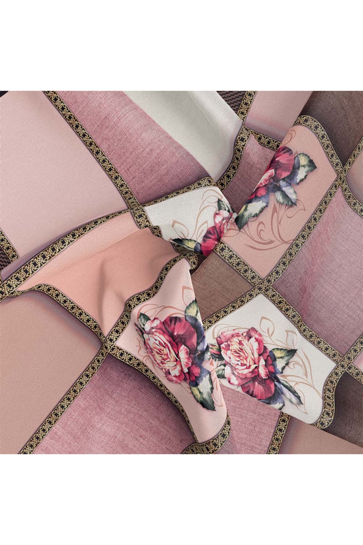 %100 Twill İpek Dokulu Çiçekli Ve Geometrik Desenli Pudra - Bej Renkli 90x90 Eşarp Dikim Şekli : El Dikişi