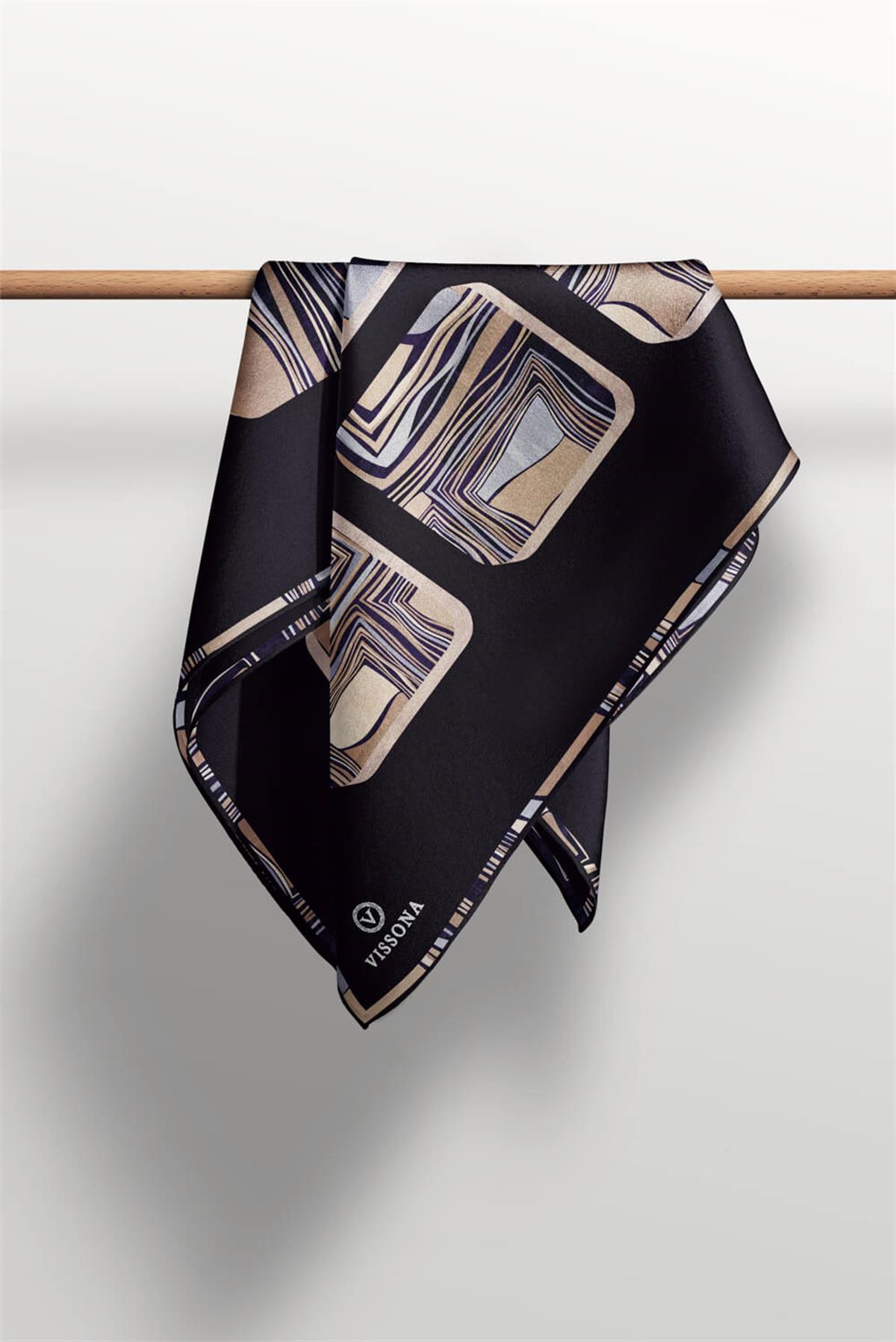 %100 Twill İpek Geometrik Kare Desenli Siyah - Gri Renkli 90x90 Eşarp Dikim Şekli : El Dikişi