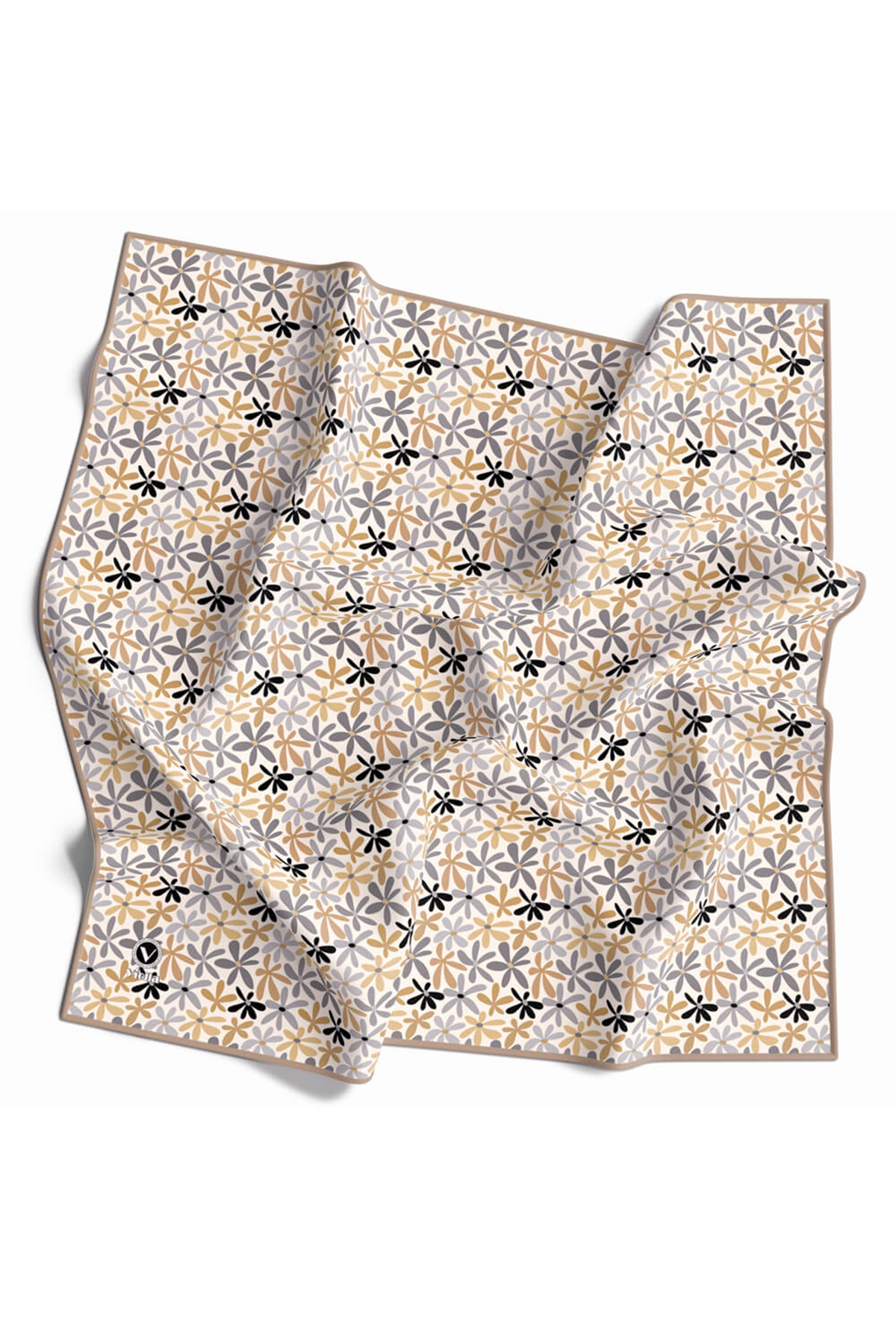 Twill Renkli Çiçek Desenli Bej Renkli 90x90 Eşarp (İpek İçermez) Kenar Dikiş Şekli El Dikişli