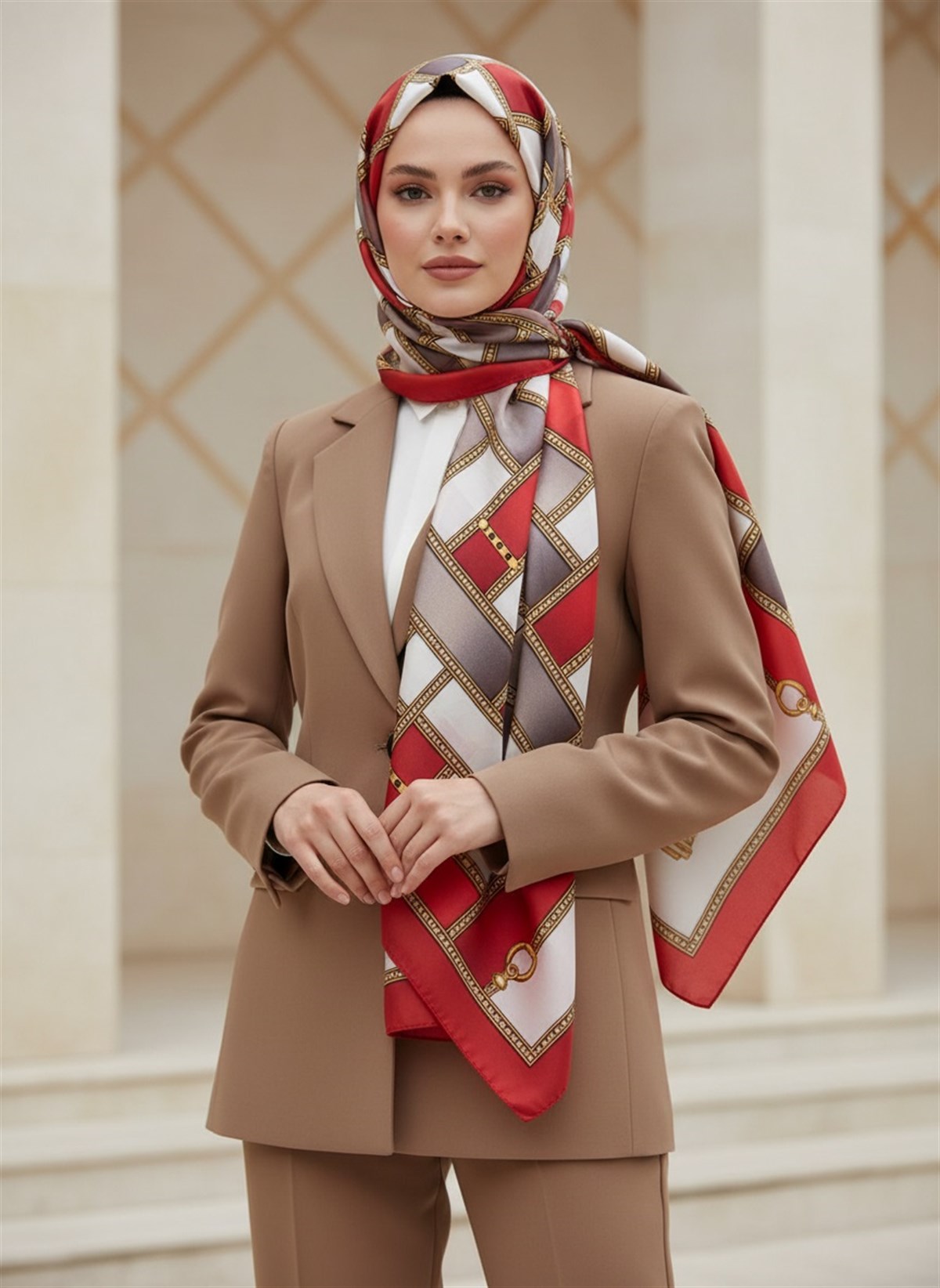 100% İPEK KEMER DESENLİ KIRMIZI - VİZON RENKLİ ŞAL