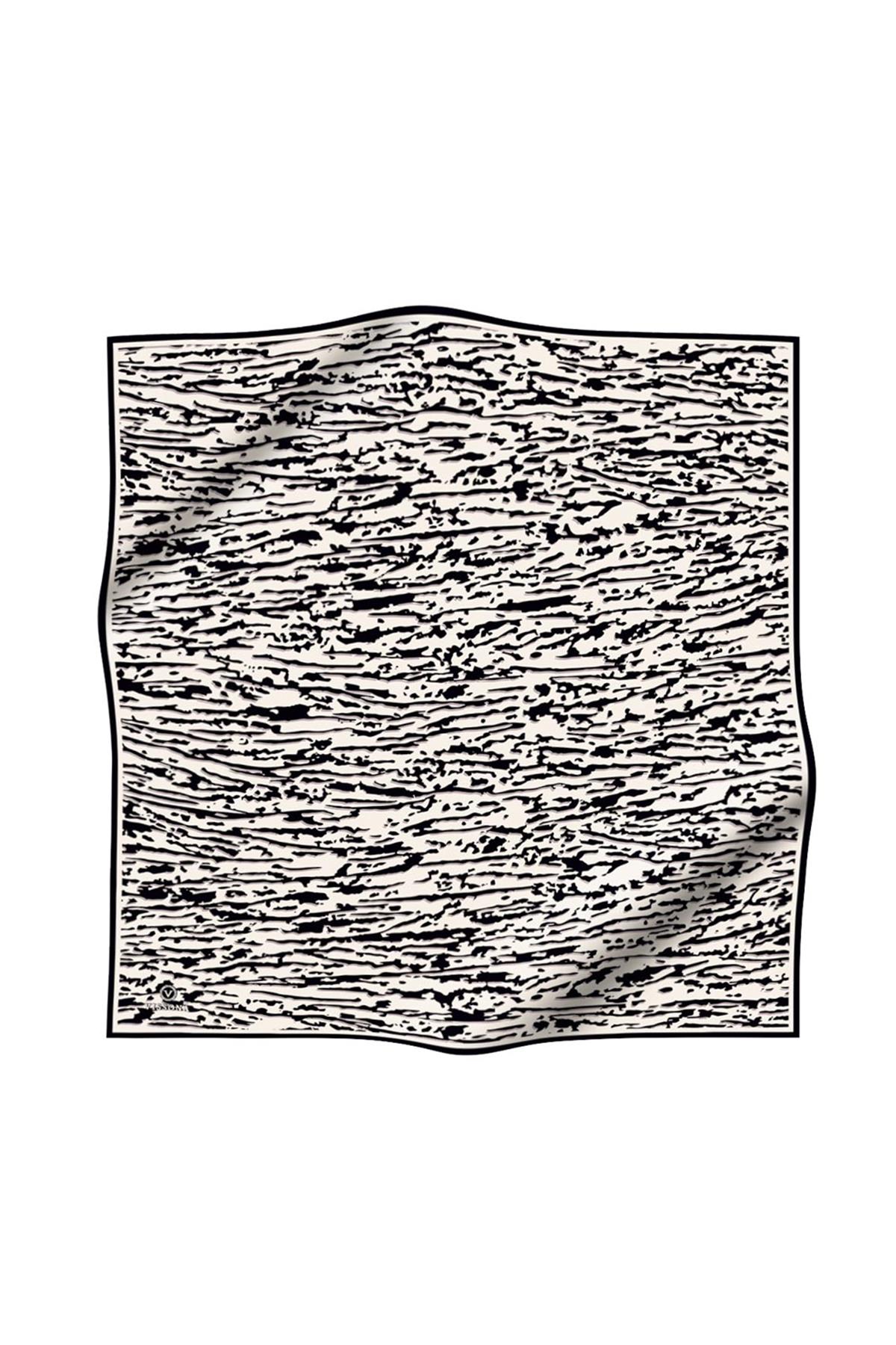 %100 Twill İpek Çizgi Desenli Krem - Siyah Renkli 90x90 Eşarp Dikim Şekli : El Dikişi