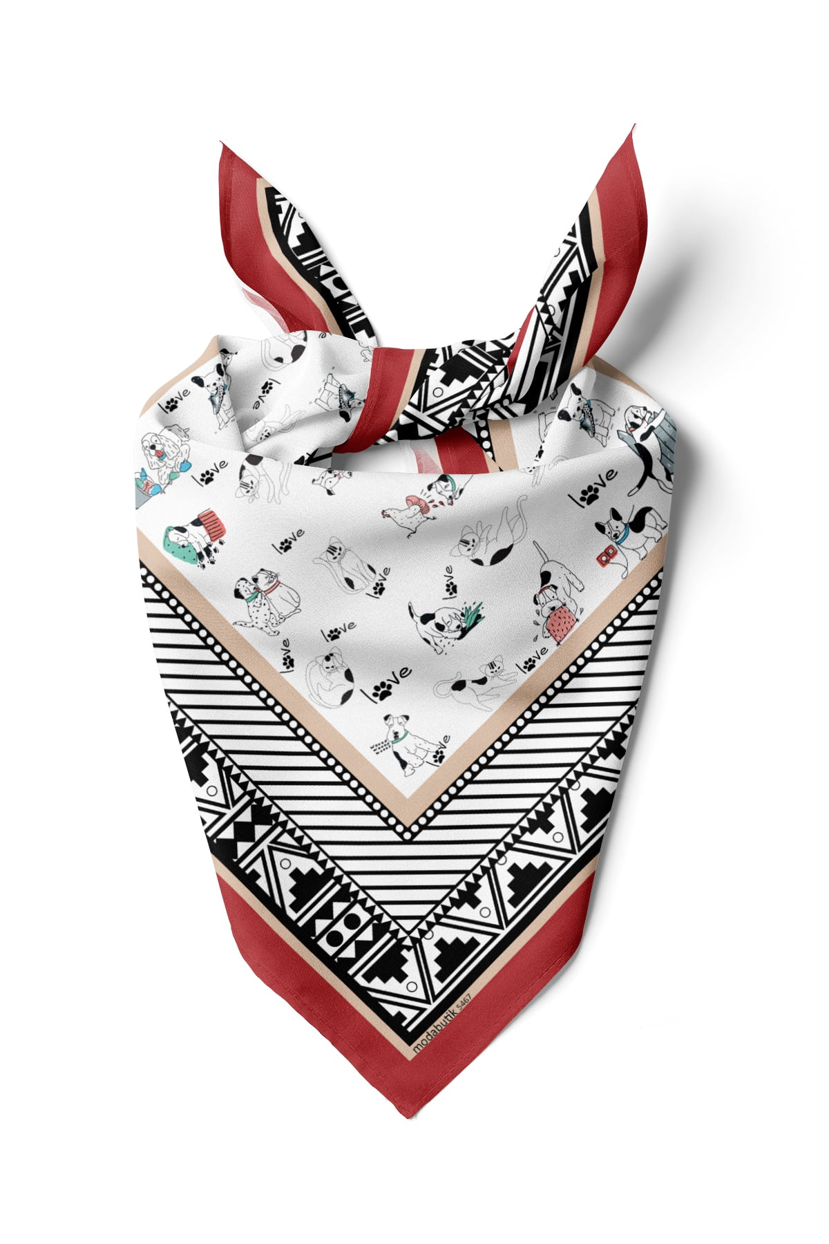 Etnik Dog Desenli Kırmızı Siyah Köpek Bandanası DG5467 45x45