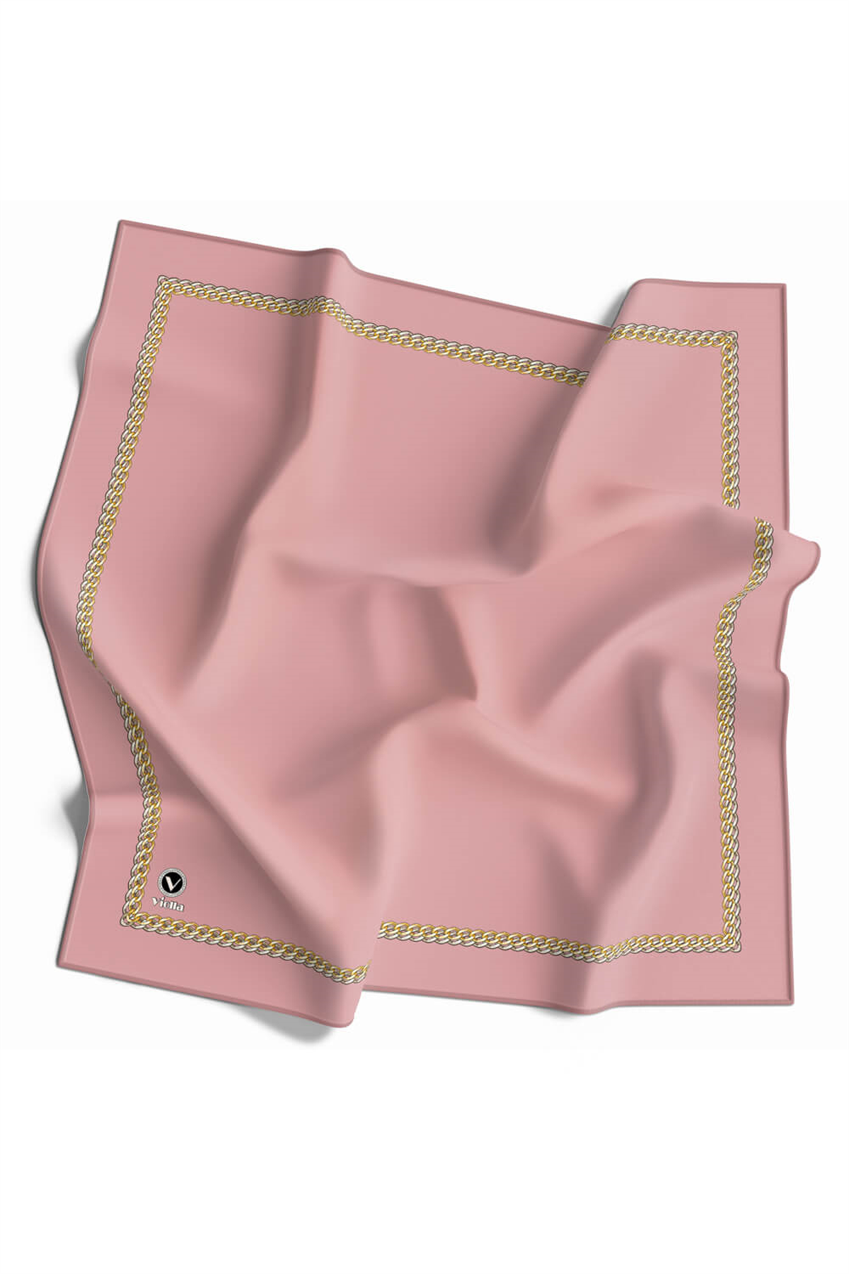 Twill Kenar Motifi Zincir Desenli Düz Pudra Renkli 90x90 Dikim Şekli : El Dikişi Eşarp (İpek İçermez)