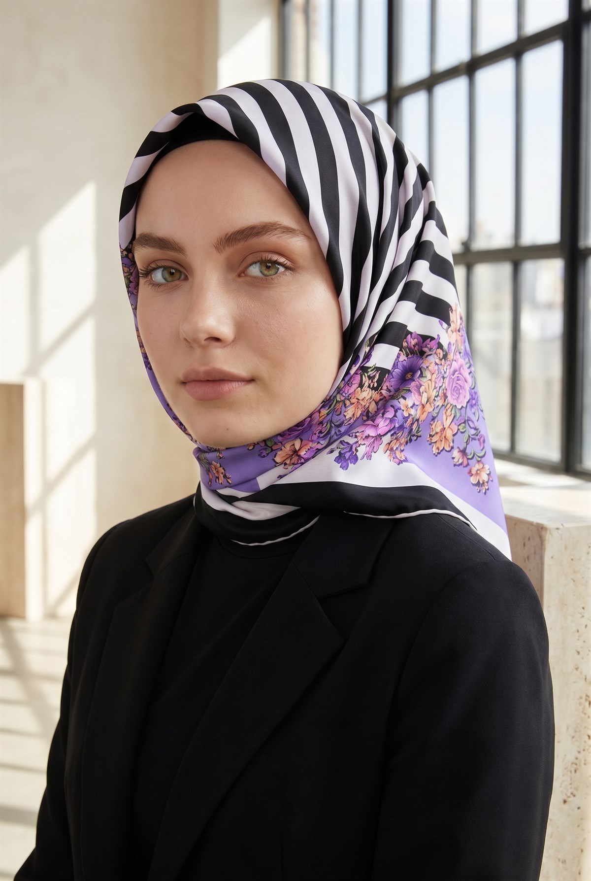 %100 Twill İpek Çıtır Çiçekli Ve Çizgi Desenli Siyah - Lila Renkli 90x90 Eşarp Dikim Şekli : El Dikişi