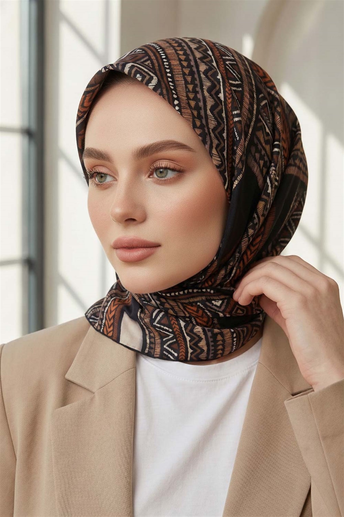 %100 Twill İpek Etnik Desenli Siyah - Taba Renkli 90x90 Eşarp Dikim Şekli : El Dikişi