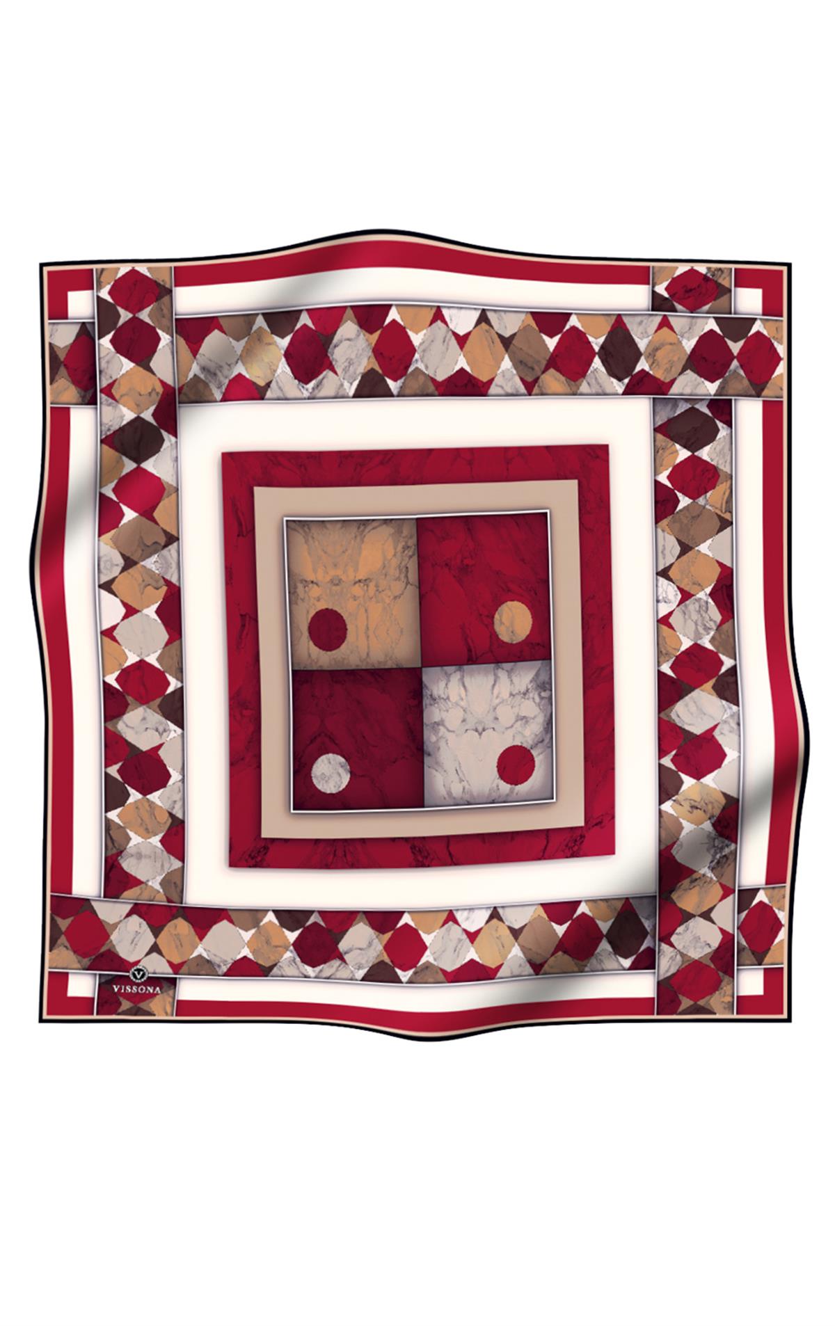 %100 Twill İpek Mermer Efektrli Geometrik Desenli Bordo - Gold Renkli 90x90 Eşarp Dikim Şekli : El Dikişi