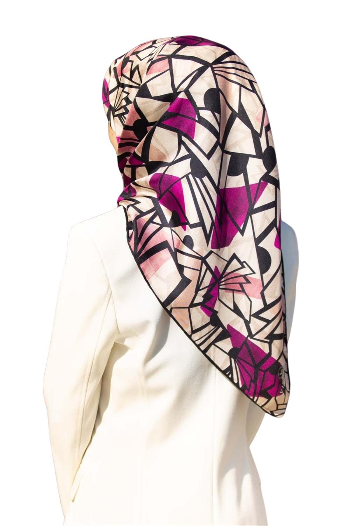 %100 Twill Renkli Petek Desenli Fuşya - Pembe Renkli 90x90 Eşarp Dikim Şekli: El Dikişii