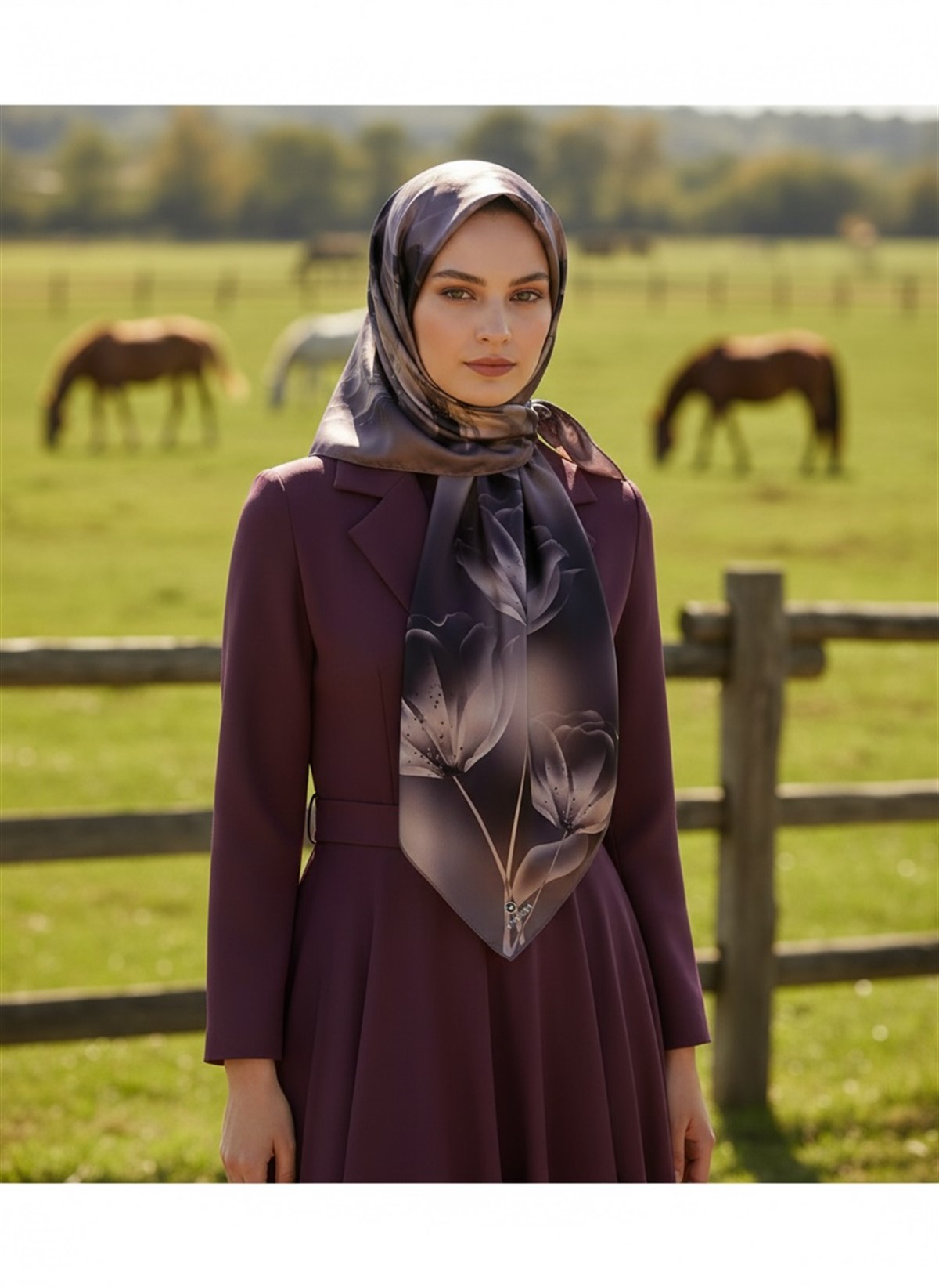 %100 Twill İpek Çiçek Desenli Vizon Renkli 90x90 Eşarp Dikim Şekli : El Dikişi