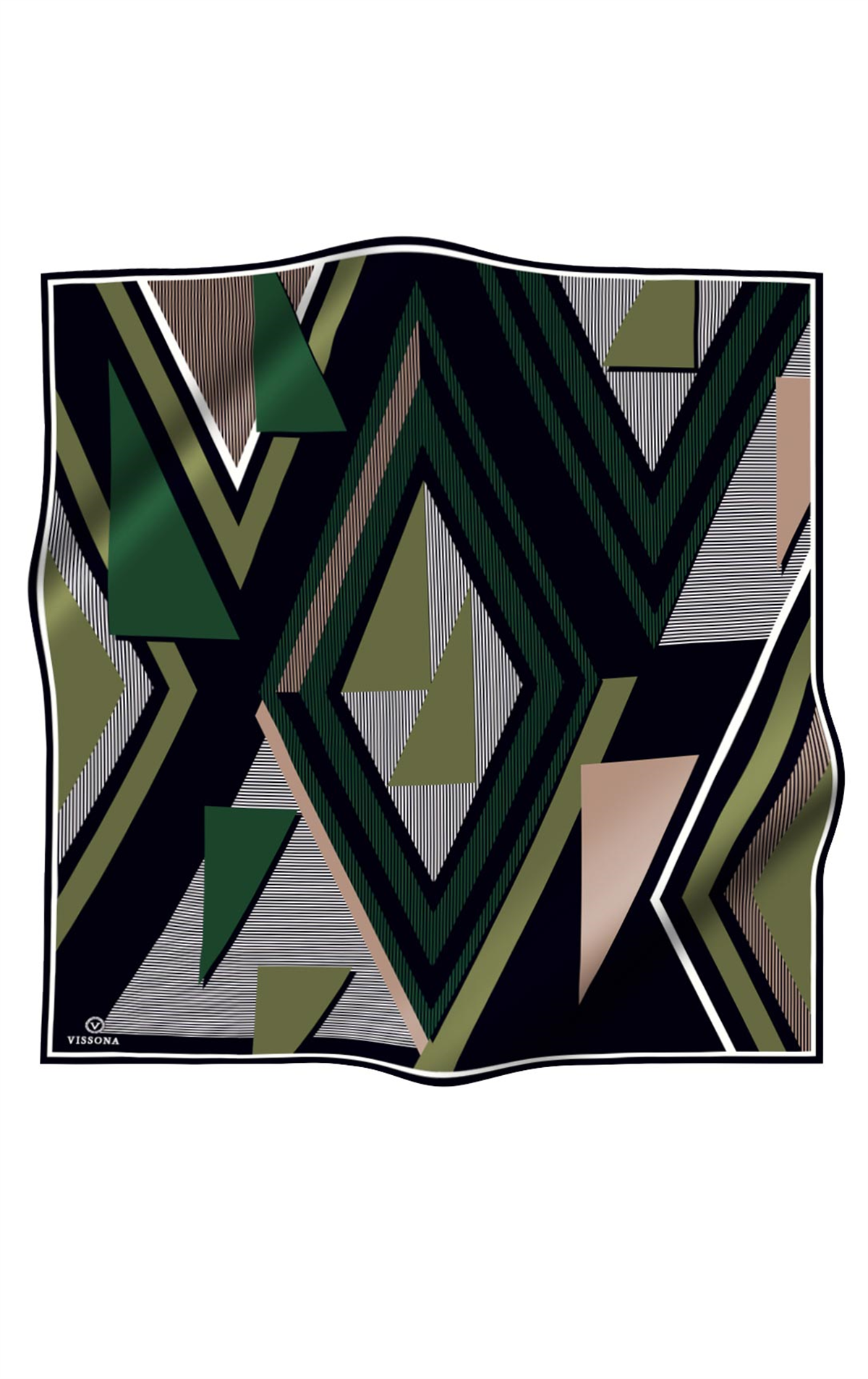 % 57 İPEK % 43 VİSKON Twill İpek Geometrik Desenli Haki - Siyah Renkli 90x90 Eşarp Dikim Şekli : El Dikişi