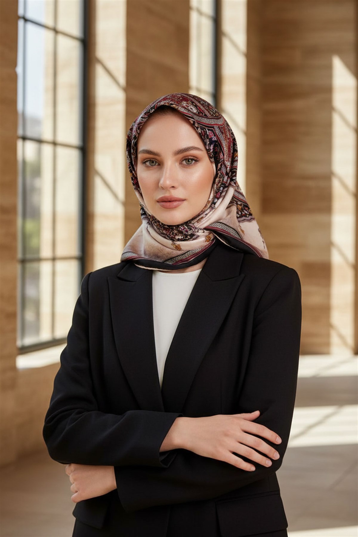 %100 Twill İpek Şal Desenli Siyah - Bordo Renkli 90x90 Eşarp Dikim Şekli : El Dikişi