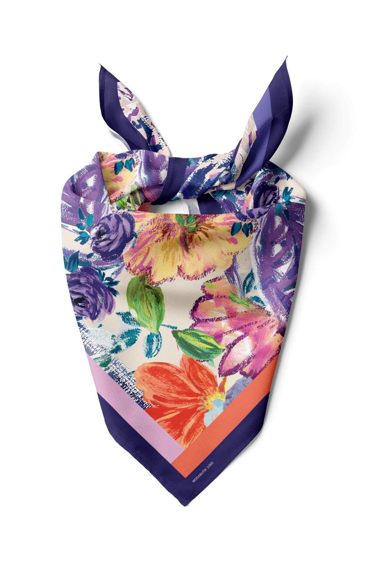 Violla Kadın Lila Turuncu Blatt Desenli 50x50 Bandana