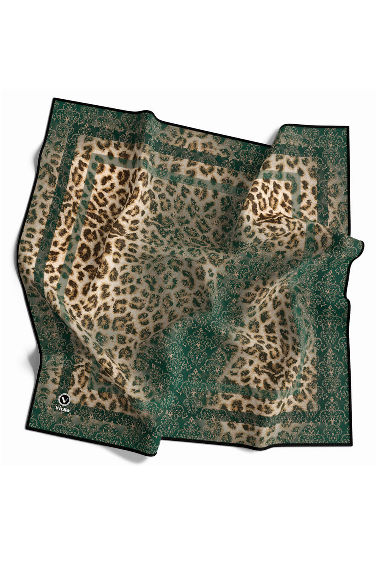 Twill Leopar Desenli Petrol Yeşili Renkli 90x90 Eşarp (İpek İçermez) Kenar Dikiş Şekli El Dikişli