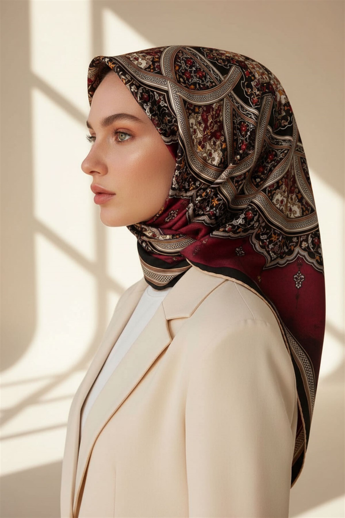 %100 Twill İpek Şal Desenli Bordo - Siyah Renkli 90x90 Eşarp Dikim Şekli : El Dikişi