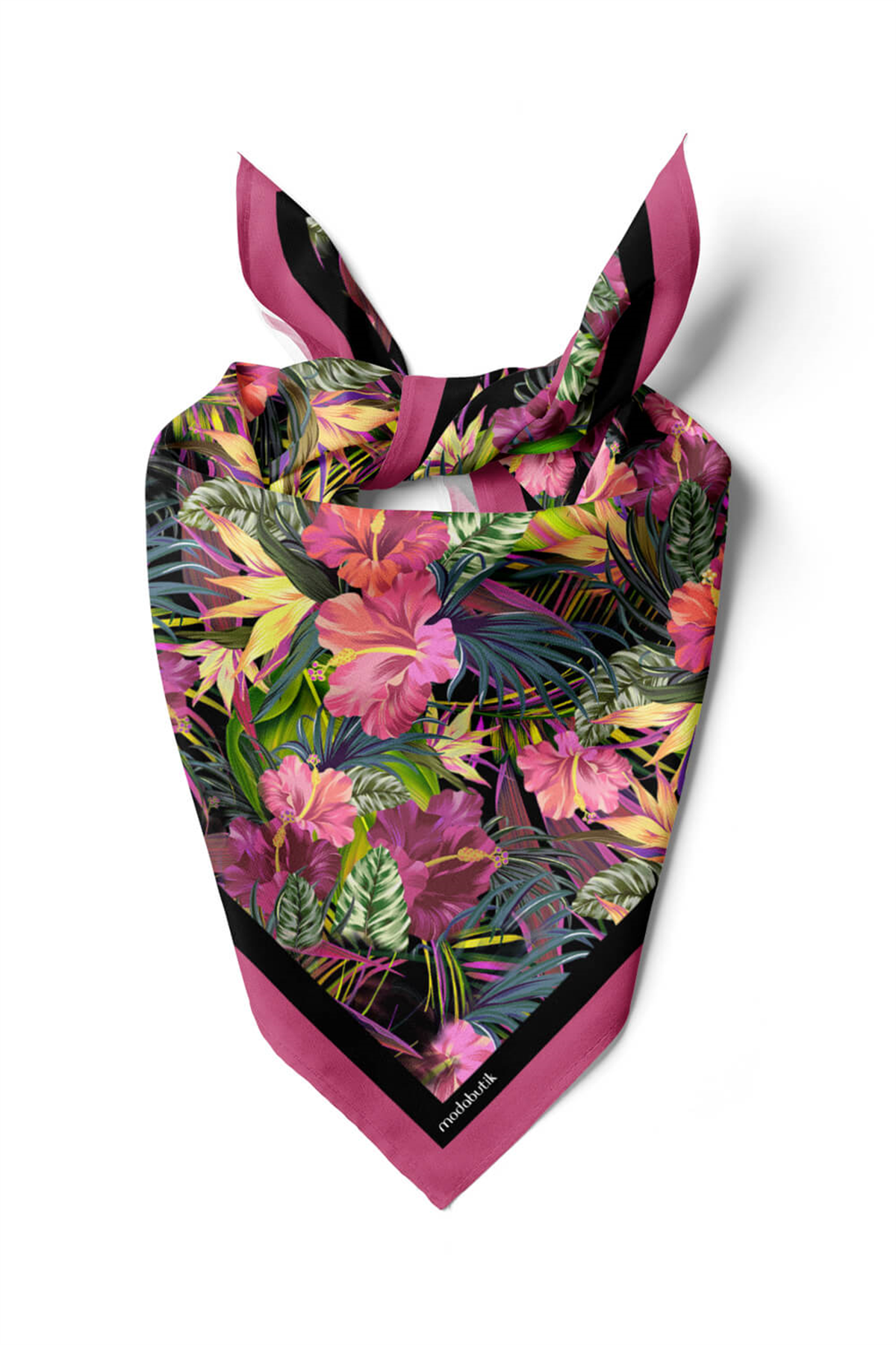 G39 Kadın Yeşil Pembe Çiçek Desenli 50x50 Bandana