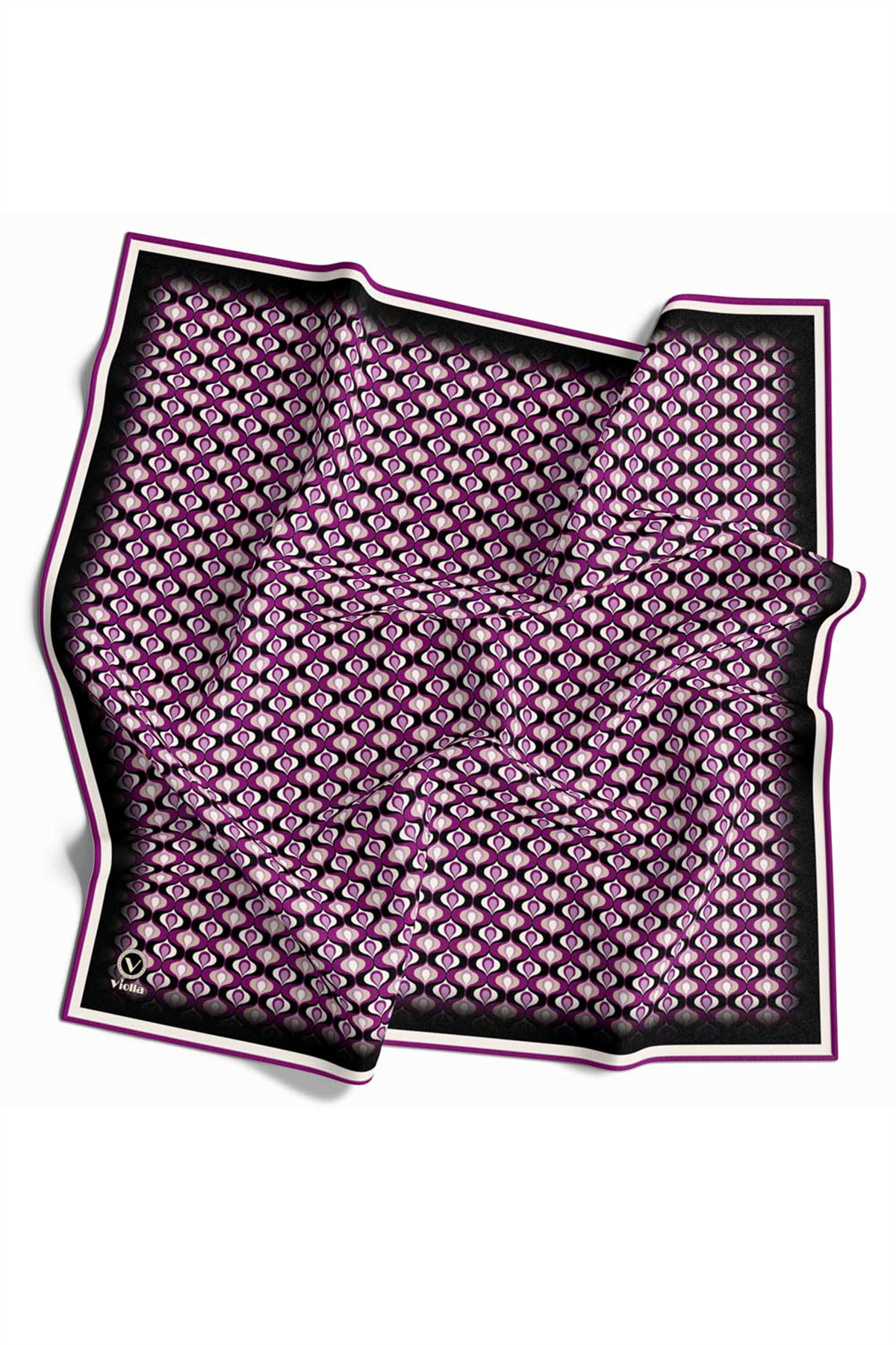 Twill Çıtır Desenli Mürdüm Renkli 90x90 Eşarp (İpek İçermez) Kenar Dikiş Şekli El Dikişli