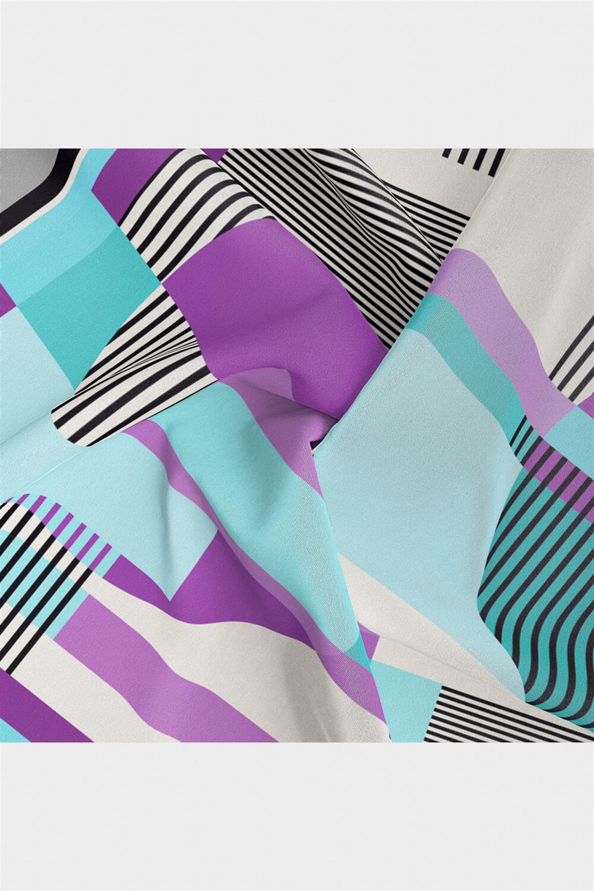 100% Twill İpek Geometrik Desenli Mint Yeşili - Lila Renkli 90x90 Dikim Şekli : El Dikişi Eşarp