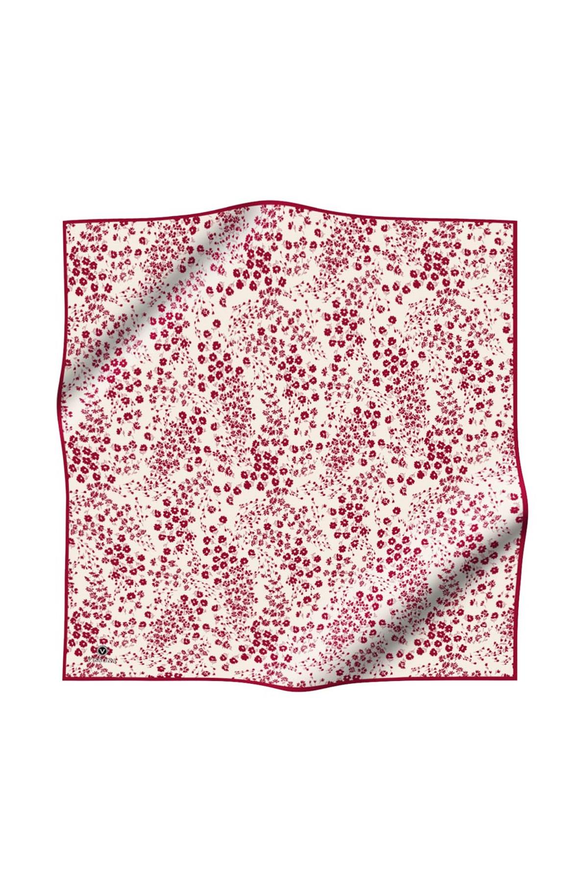 %100 Twill İpek Çıtır Çiçek Desenli Krem - Bordo Renkli 90x90 Eşarp Dikim Şekli : El Dikişi