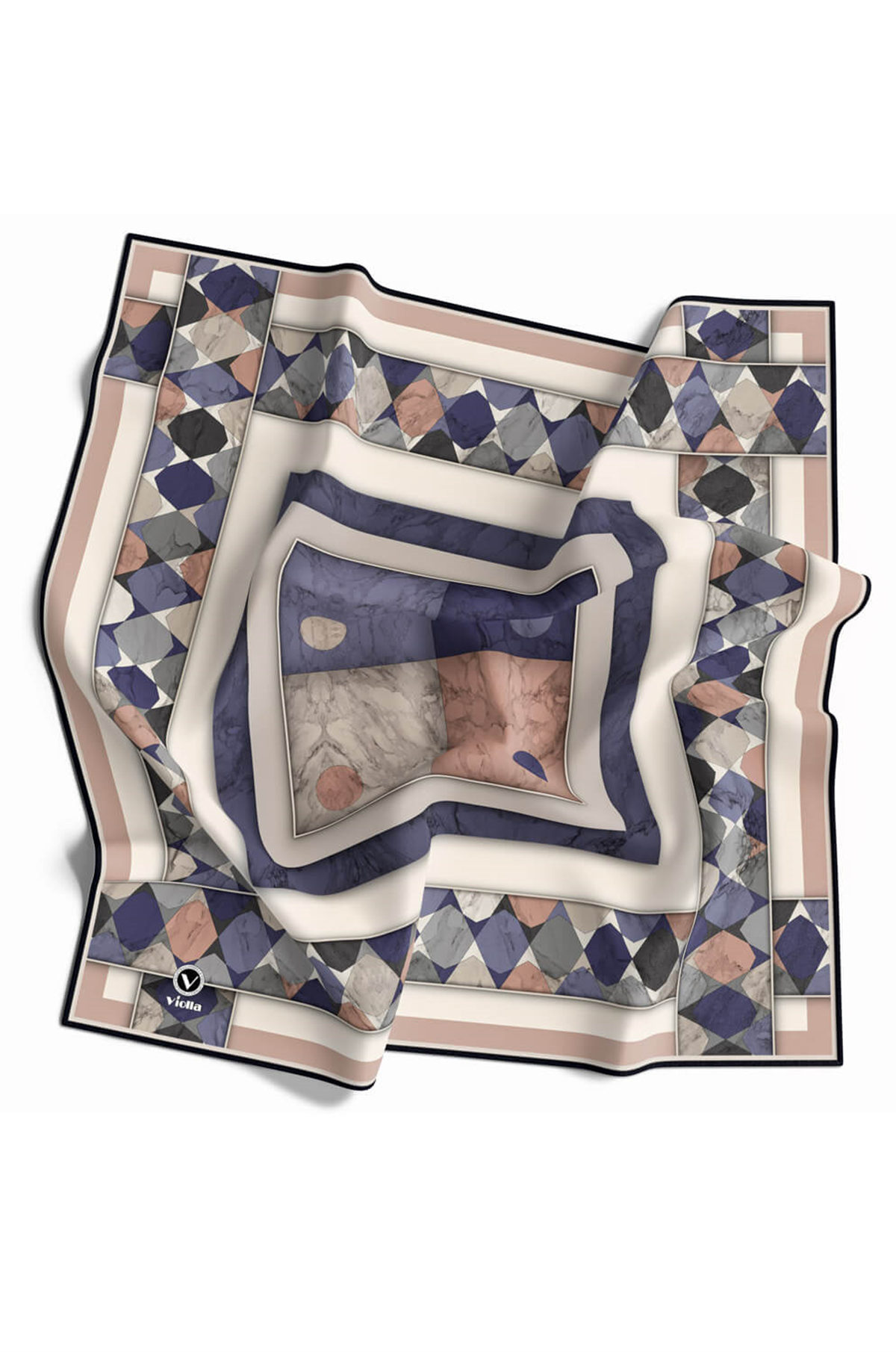 Twill Geometrik Mermer Desenli Pudra Renkli 90x90 Eşarp (İpek İçermez) Kenar Dikiş Şekli El Dikişli