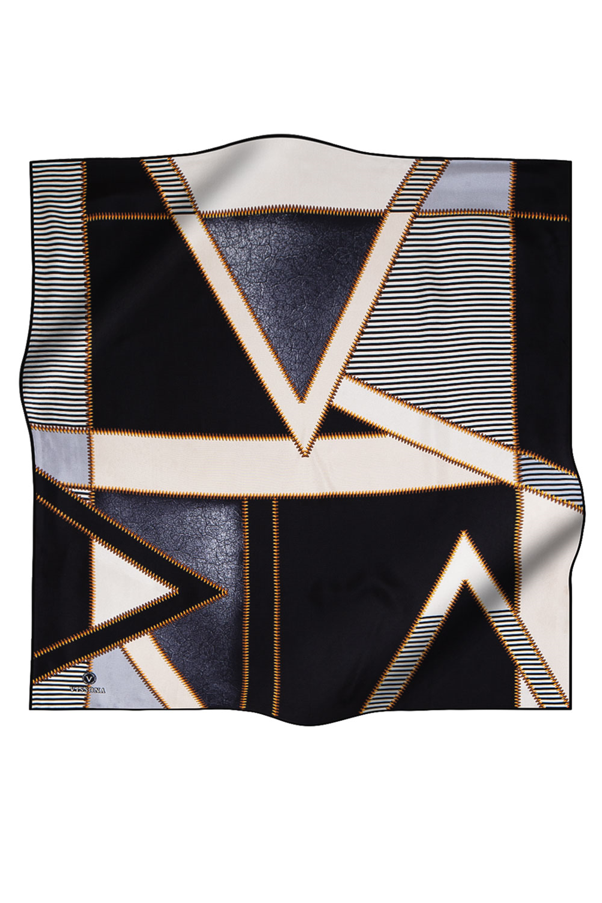 % 57 İPEK % 43 VİSKON Twill İpek Geometrik Desenli Gümüş - Siyah Renkli 90x90 Eşarp Dikim Şekli : El Dikişi