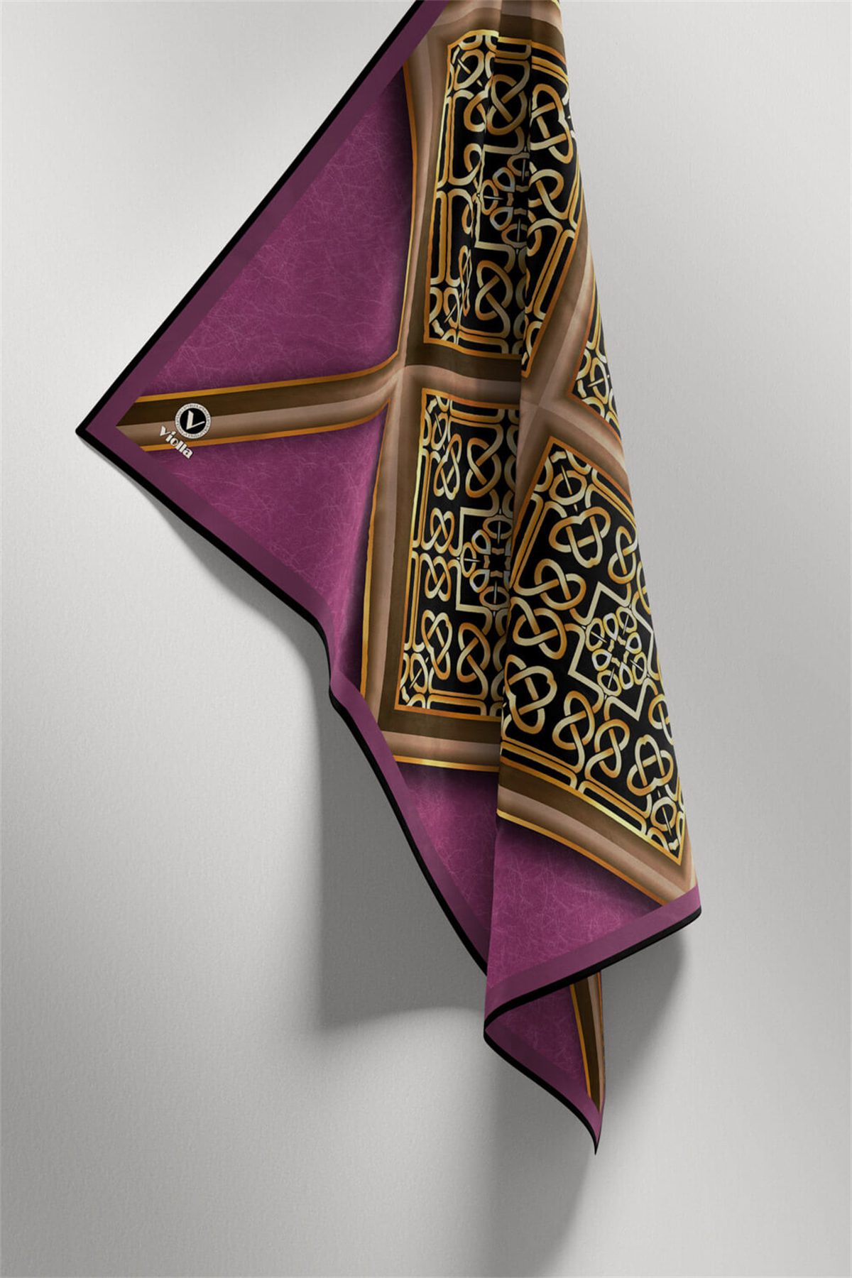 Twill Gold Çerçeveli Barok Desenli Mürdüm Renkli 90x90 Eşarp (İpek İçermez) Kenar Dikiş Şekli El Dikişli