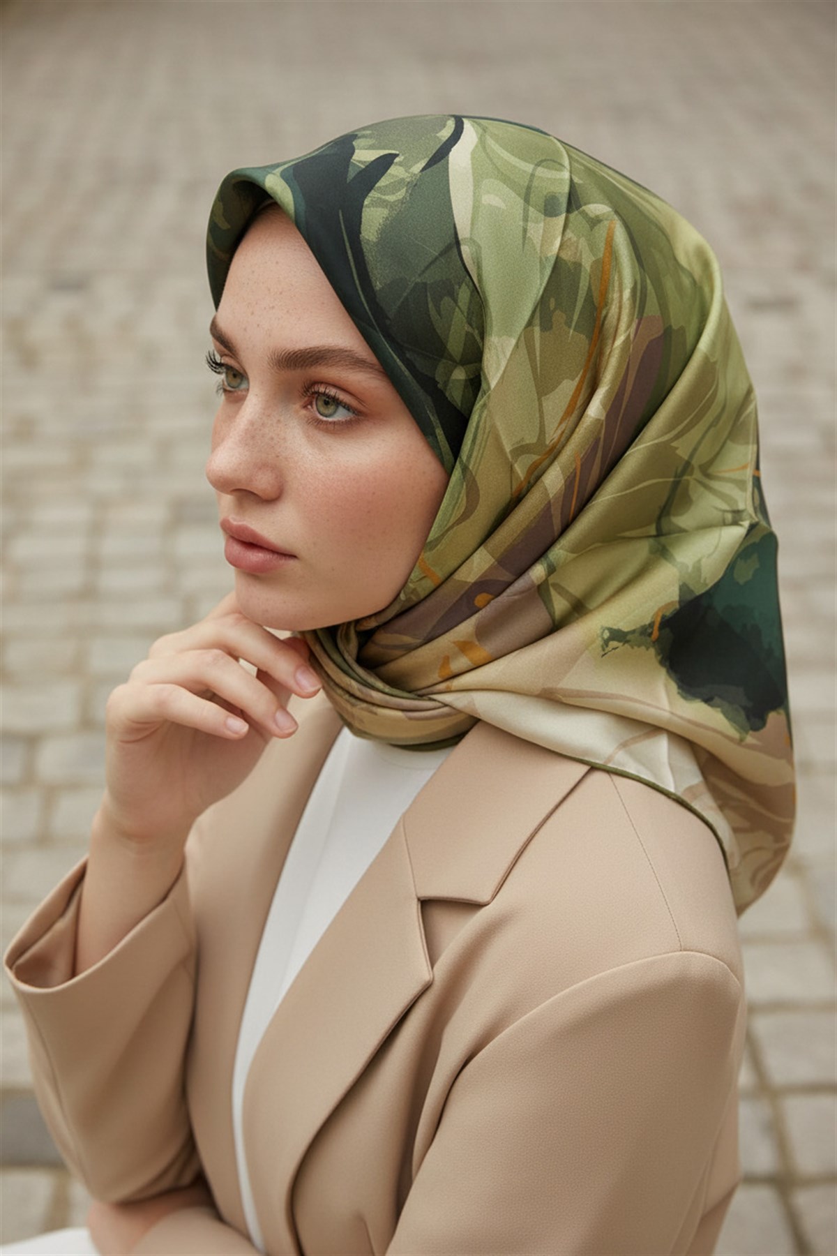 %100 Twill İpek Çiçekli Sulu Boya Dalga Desenli Haki Yeşili - Zümrüt Yeşili  Renkli 90x90 Eşarp Dikim Şekli : El Dikişi