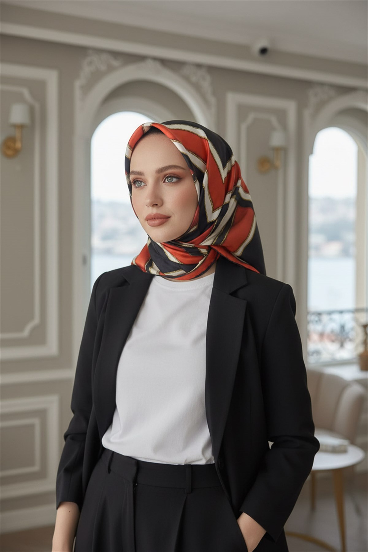 %100 Twill Geometrik Monogram Desenli Siyah - Taba Renkli 90x90 Eşarp Kenar Dikiş Şekli : El Dikişli