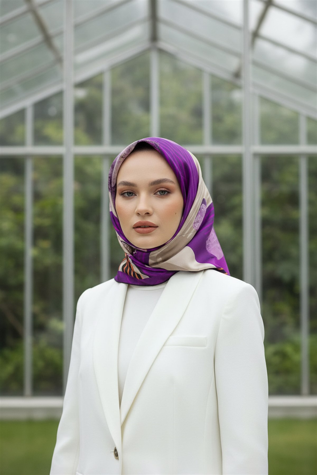 %100 Twill İpek Geometrik Desenli Mürdüm - Turuncu Renkli 90x90 Eşarp Dikim Şekli : El Dikişi